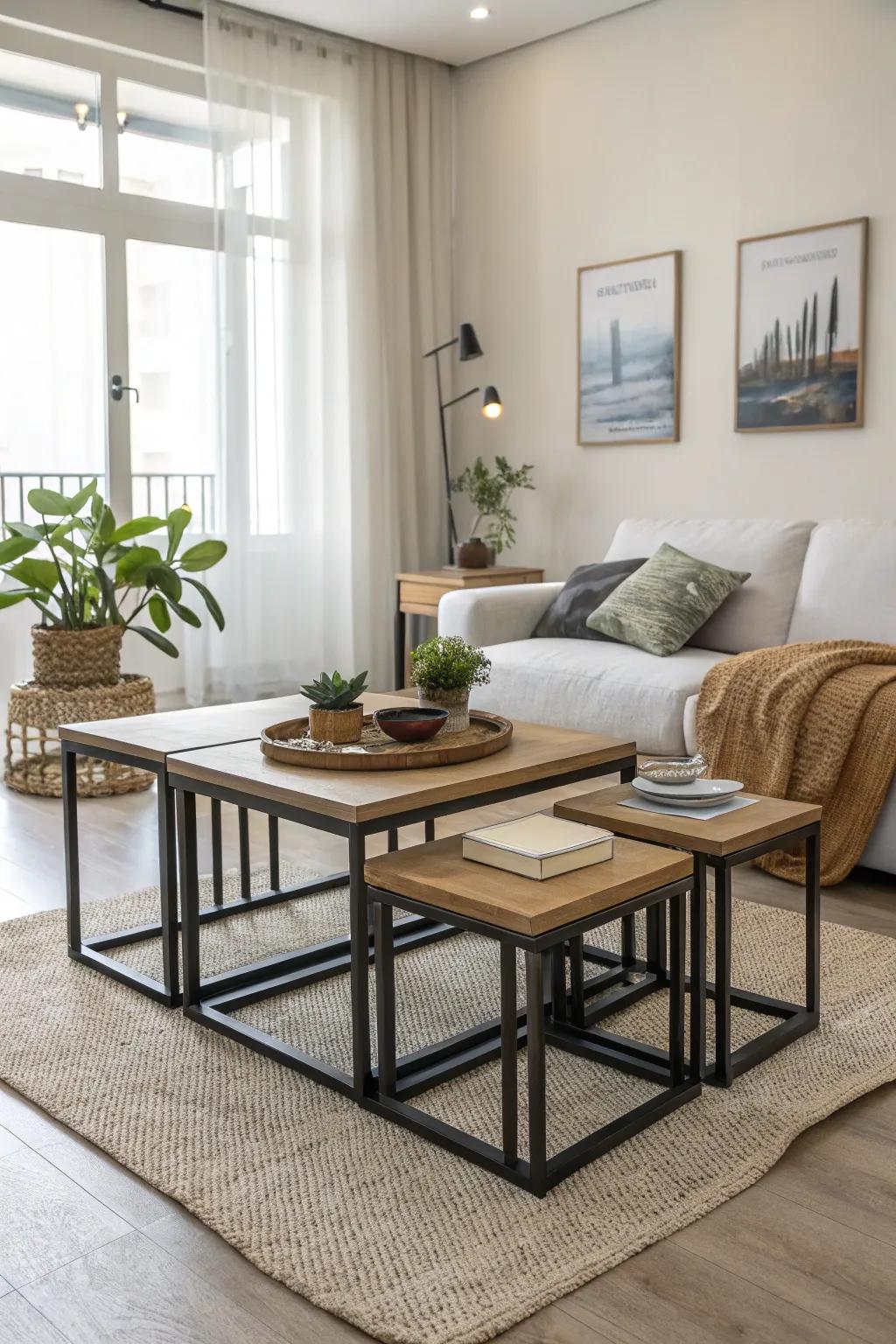Nesting tables offer a clever seating solution that saves space.