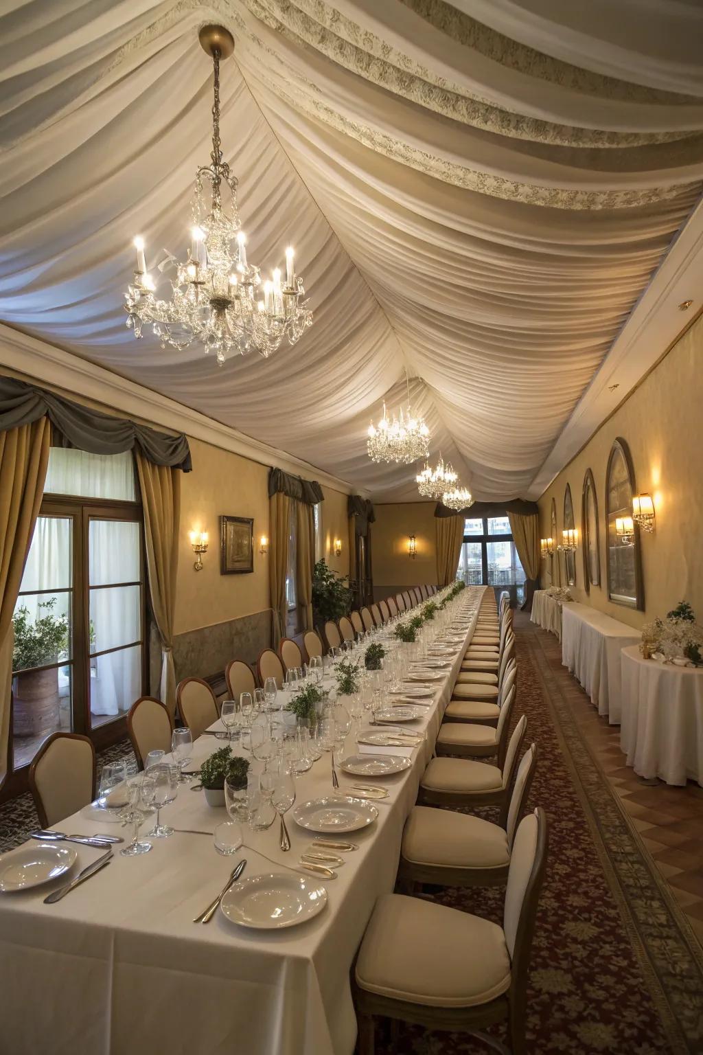 Enhance your dining room with elegant fabric drapery.