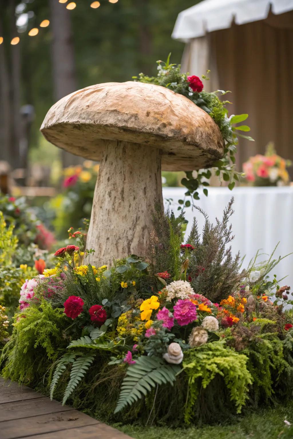 A fungi focal point crafts a whimsical centerpiece.