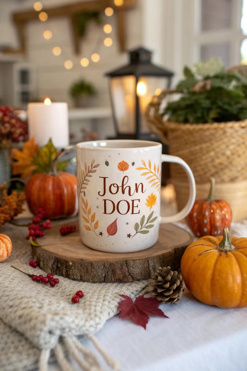 A personalized cup with autumn design.