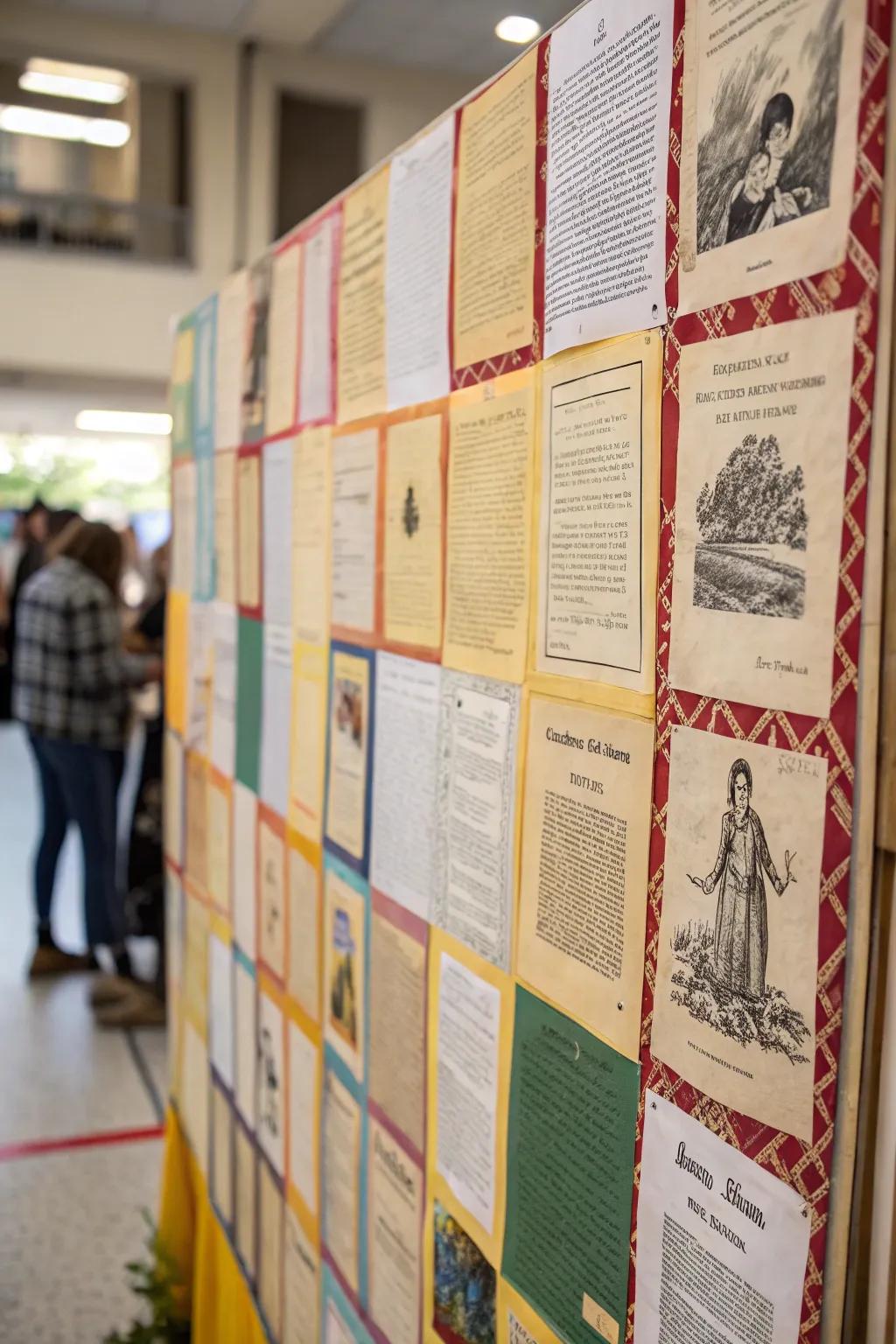 A cozy tapestry inspired bulletin board utilizing literary sheets.