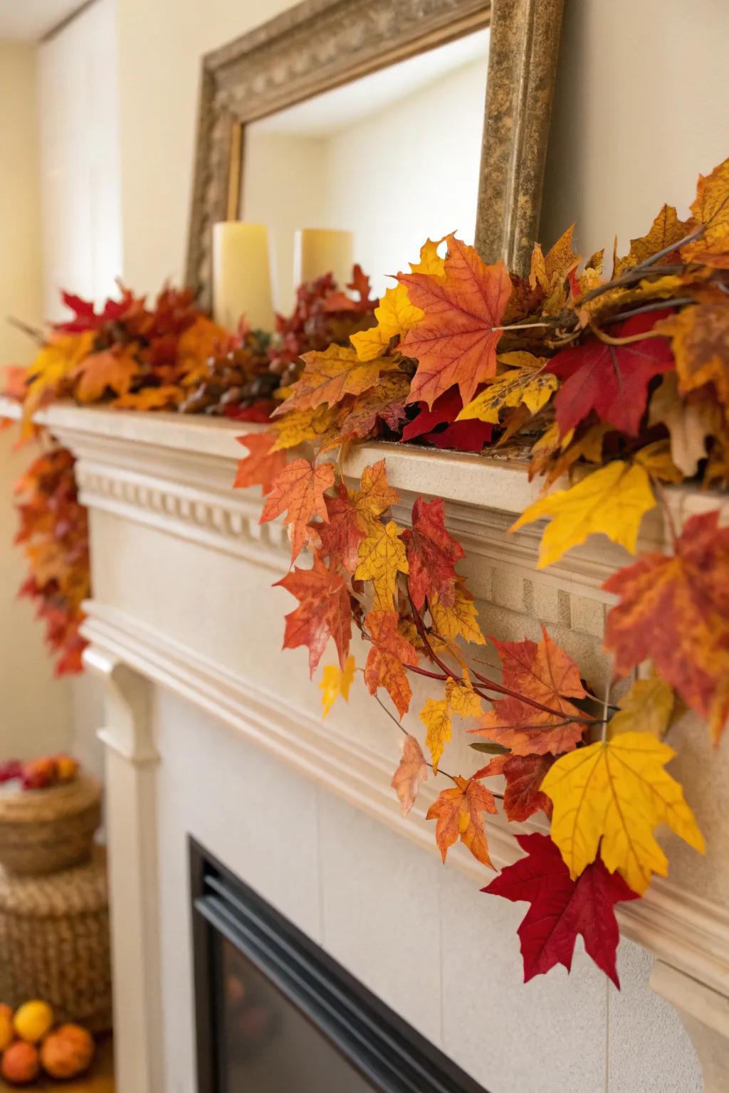A fall mantel adorned with radiant foliage.