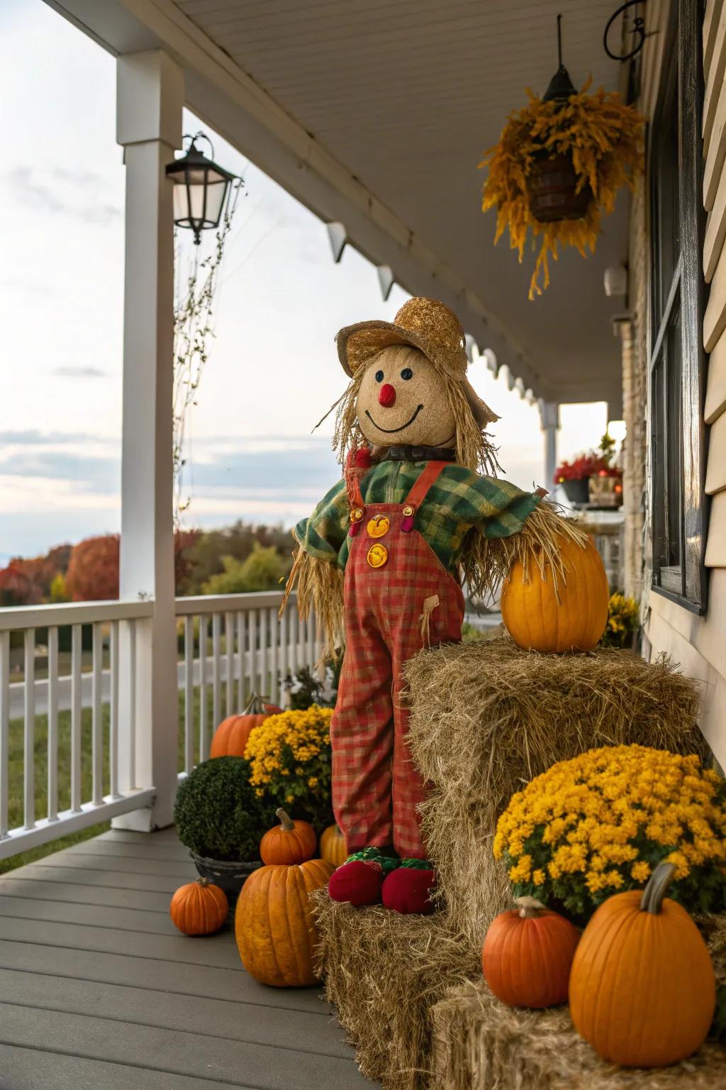 A cheerful scarecrow brings a whimsical touch to the autumn porch.