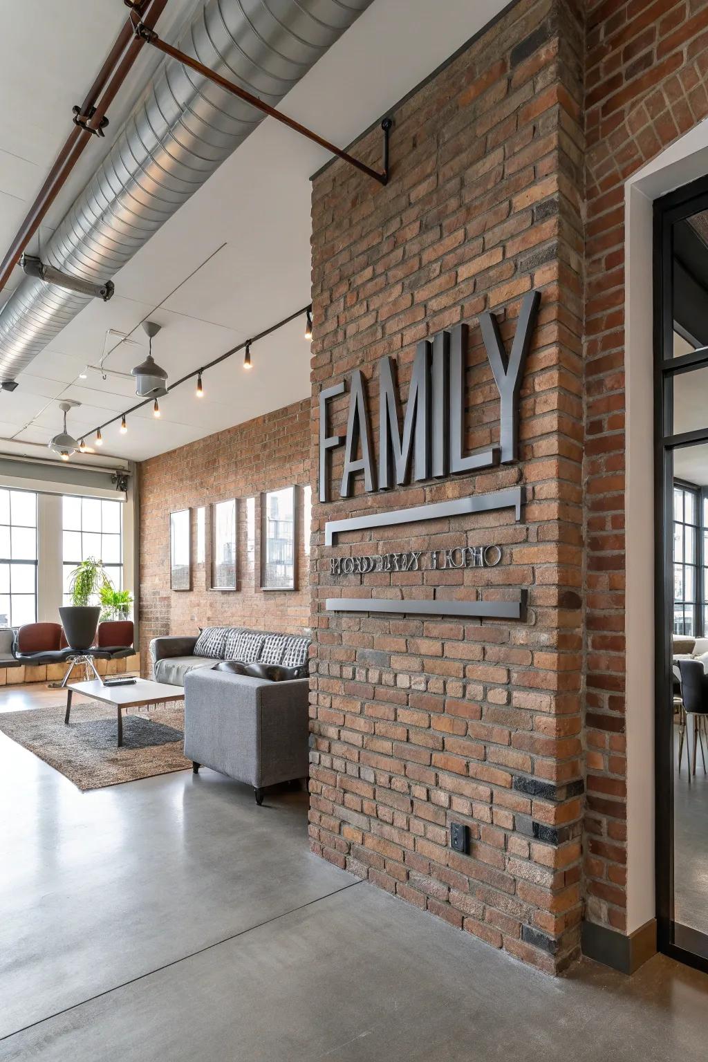 A metallic lineage name marker infusing boldness to a loft-vogue chamber.