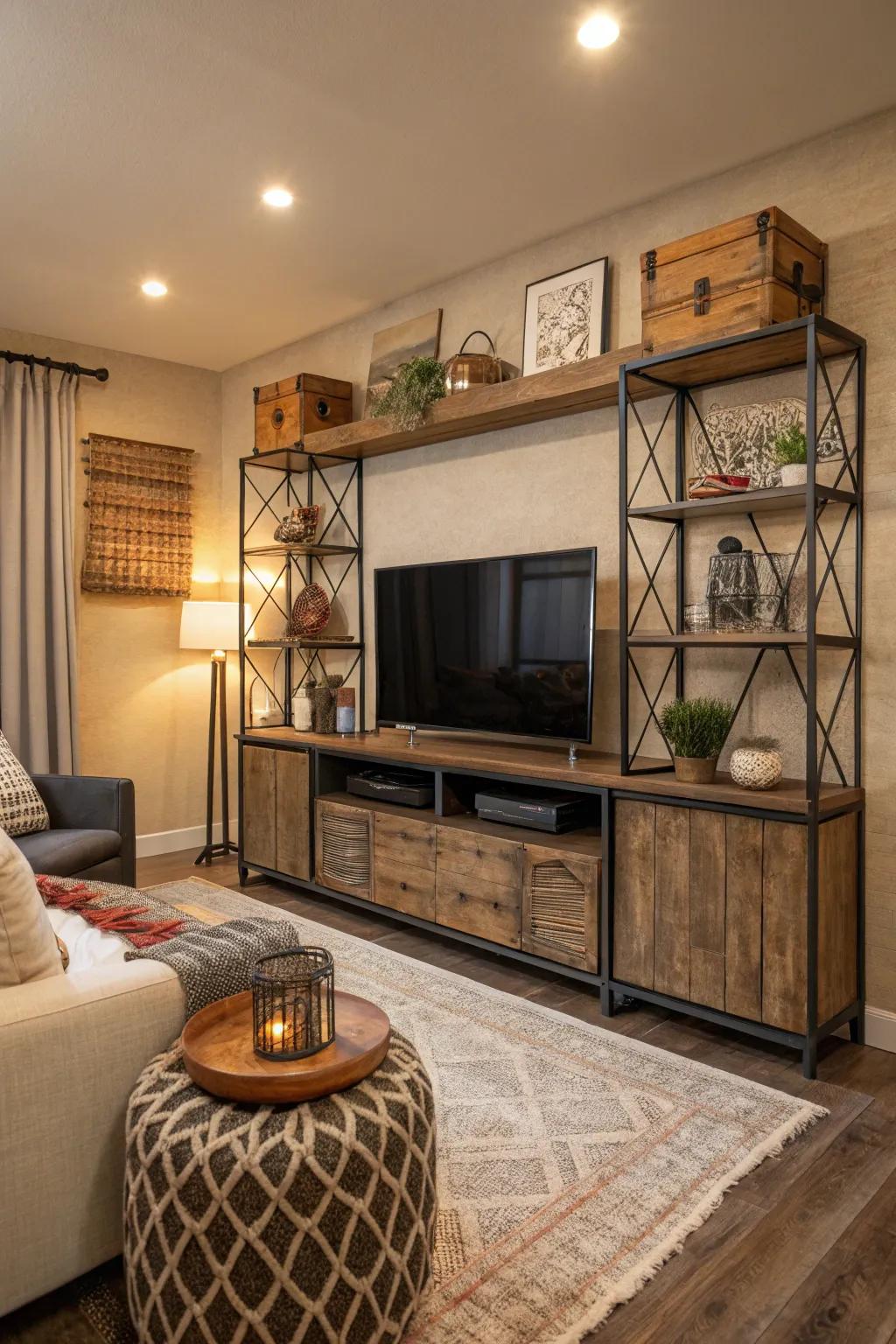 Diverse textures add depth and interest to the family room design.