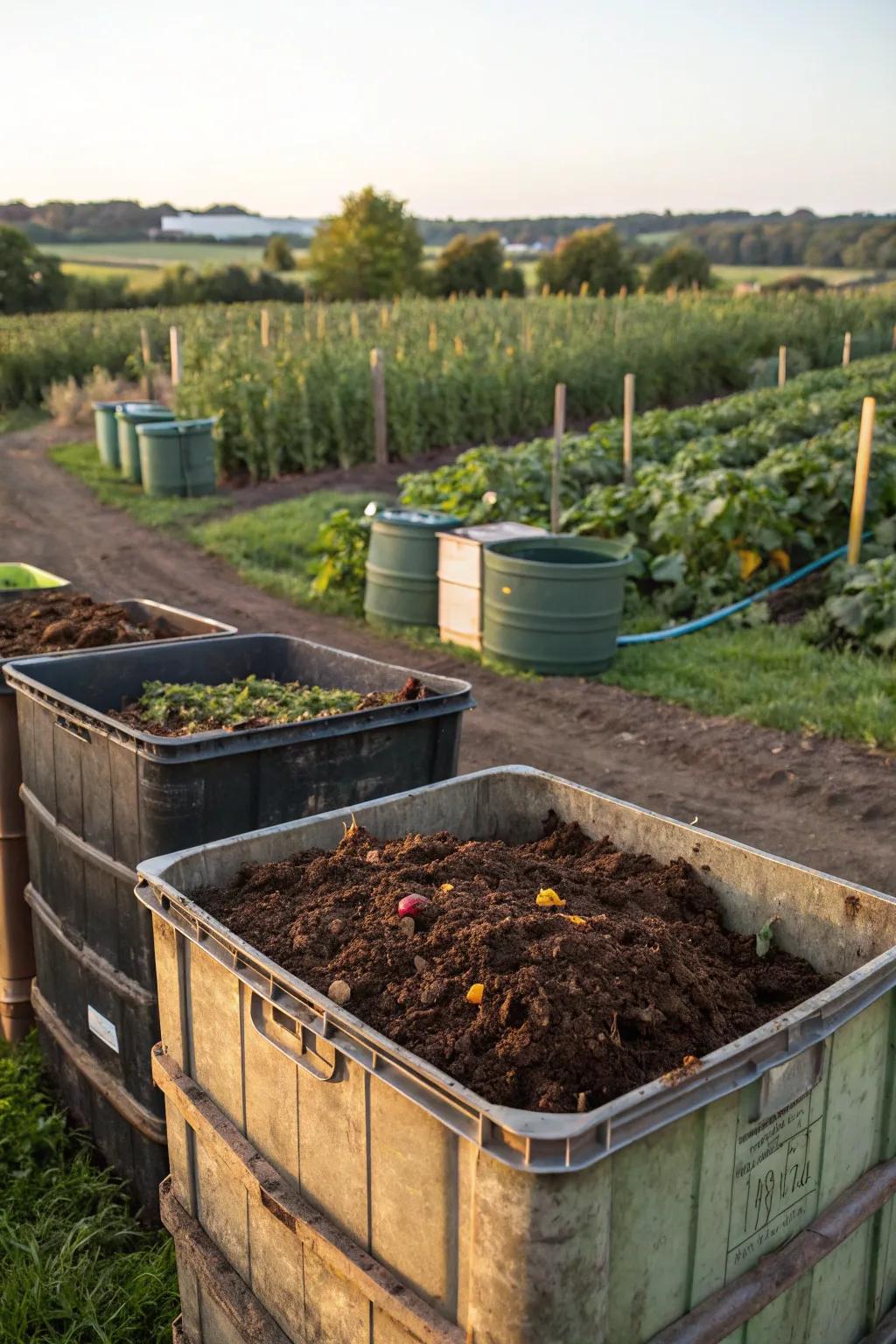 Compost bins turning waste into valuable soil food.