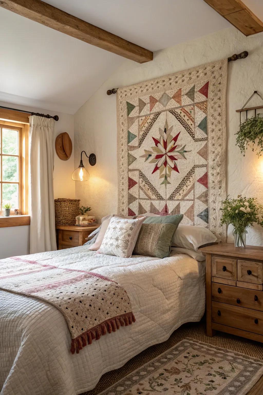Quilted tapestries add a snug texture.