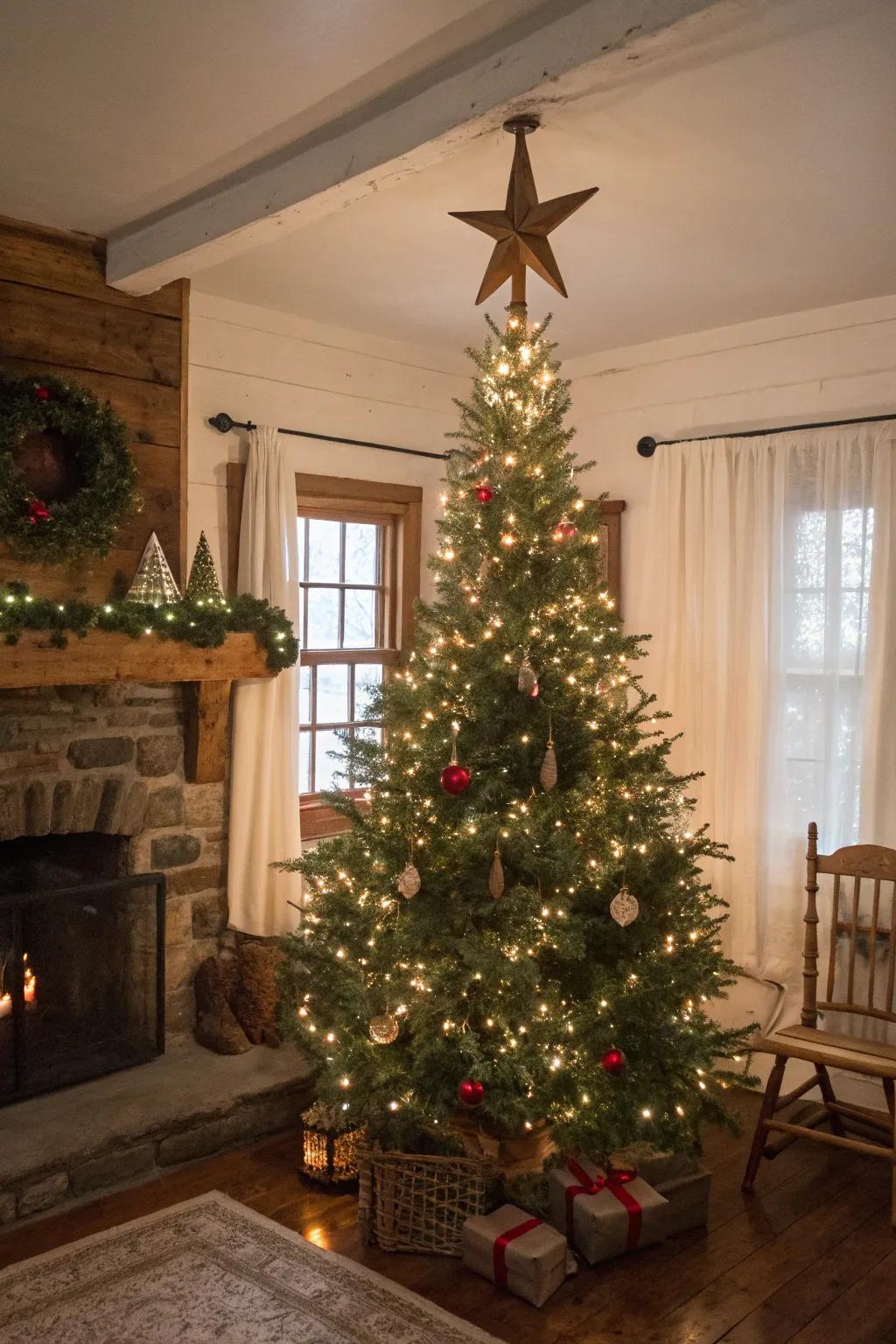 A weathered star crowner crowns this charming farmhouse Christmas tree.