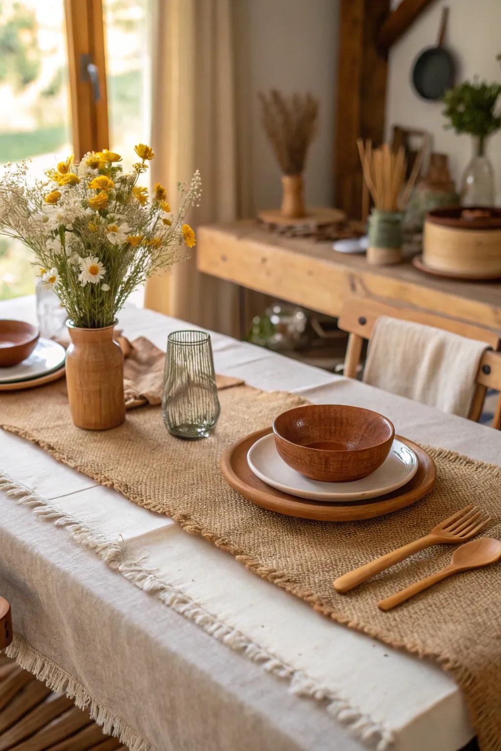 Fiber accents adding rustic texture to the table.