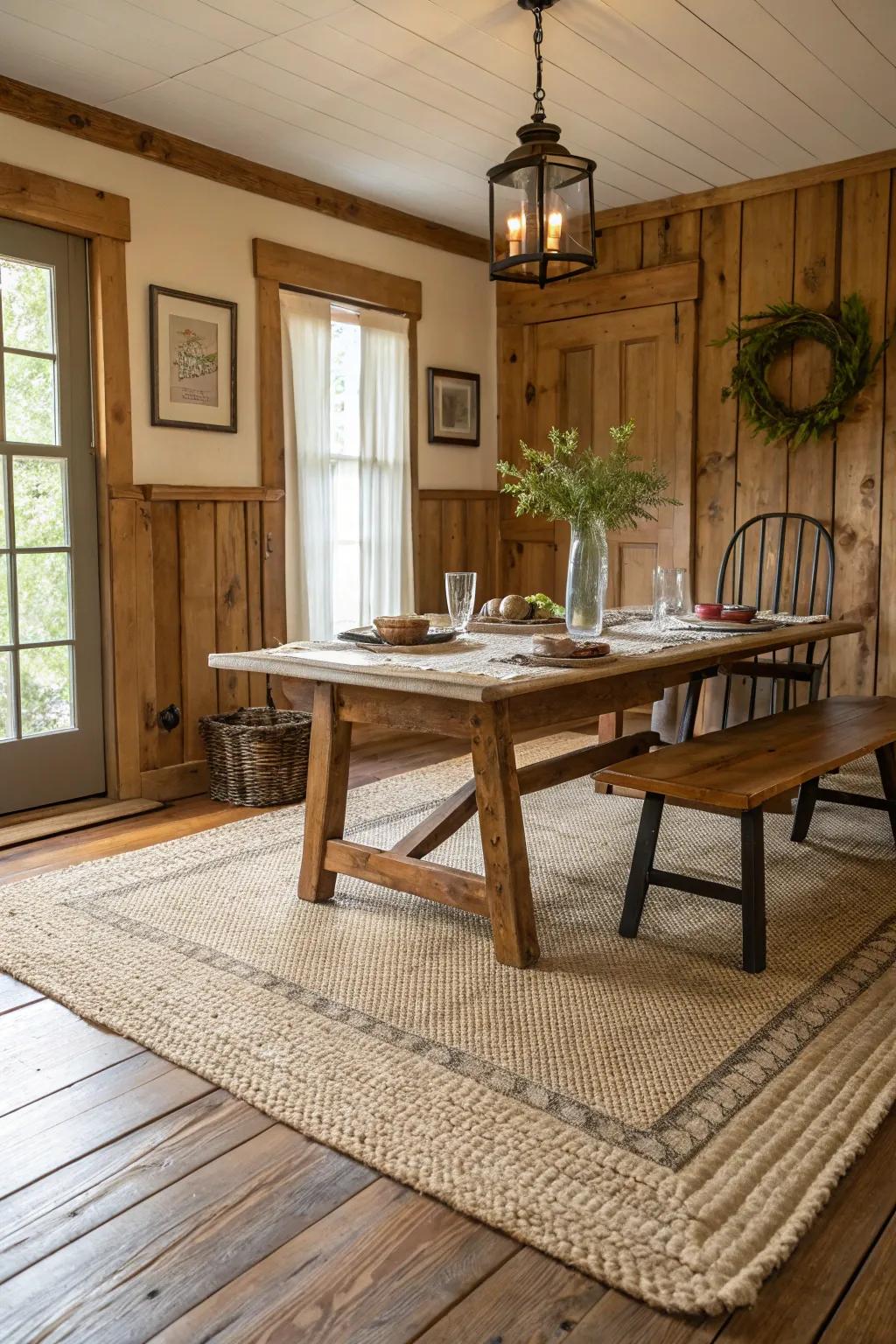 A natural fiber carpet adds warmth and texture to this inviting farmhouse dining room.