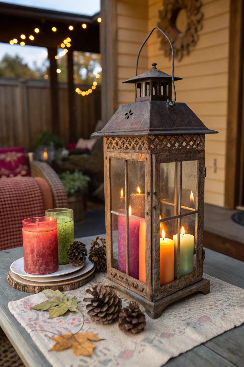 Pigmented illumination sources contribute a burst of hue inside lanterns.
