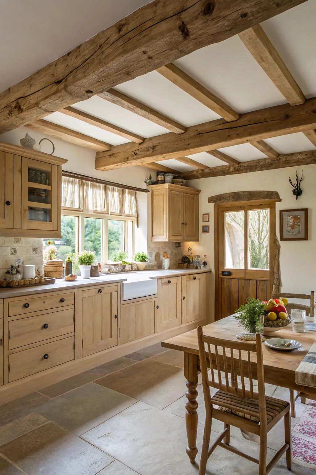 Wooden beams intensify the farmhouse ambiance of a kitchen with light wood units.