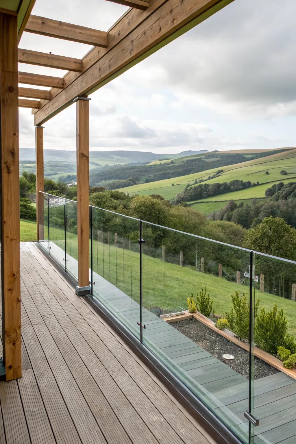 Clear views: Glass panes in porch balustrade.