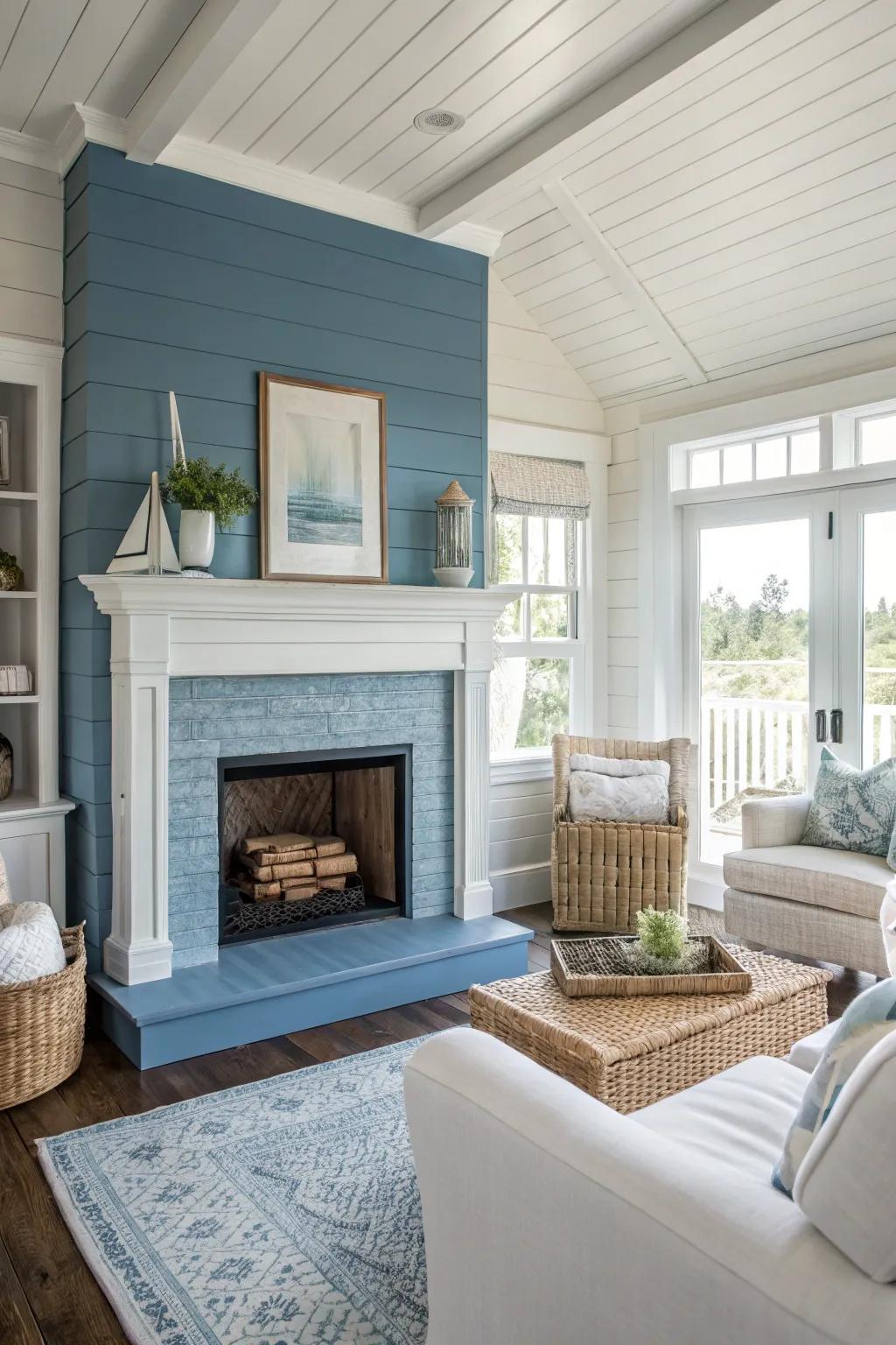 Azure board and batten conveys seaside allure and a breezy atmosphere.