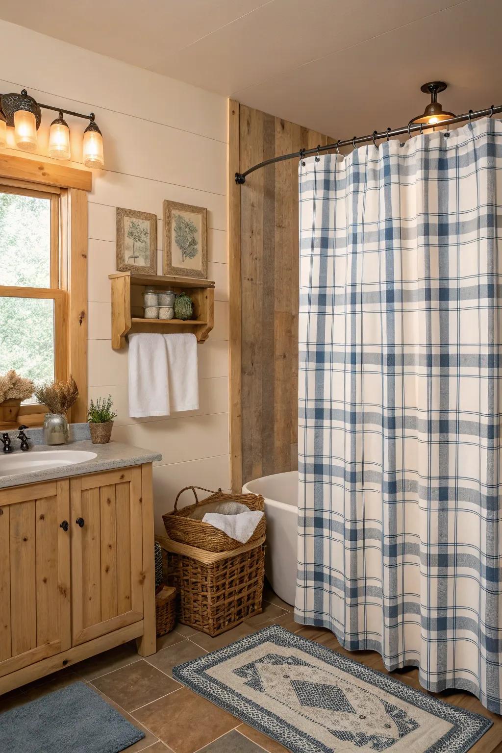 A bathroom with a country checks shower drape establishing a cozy ambience.