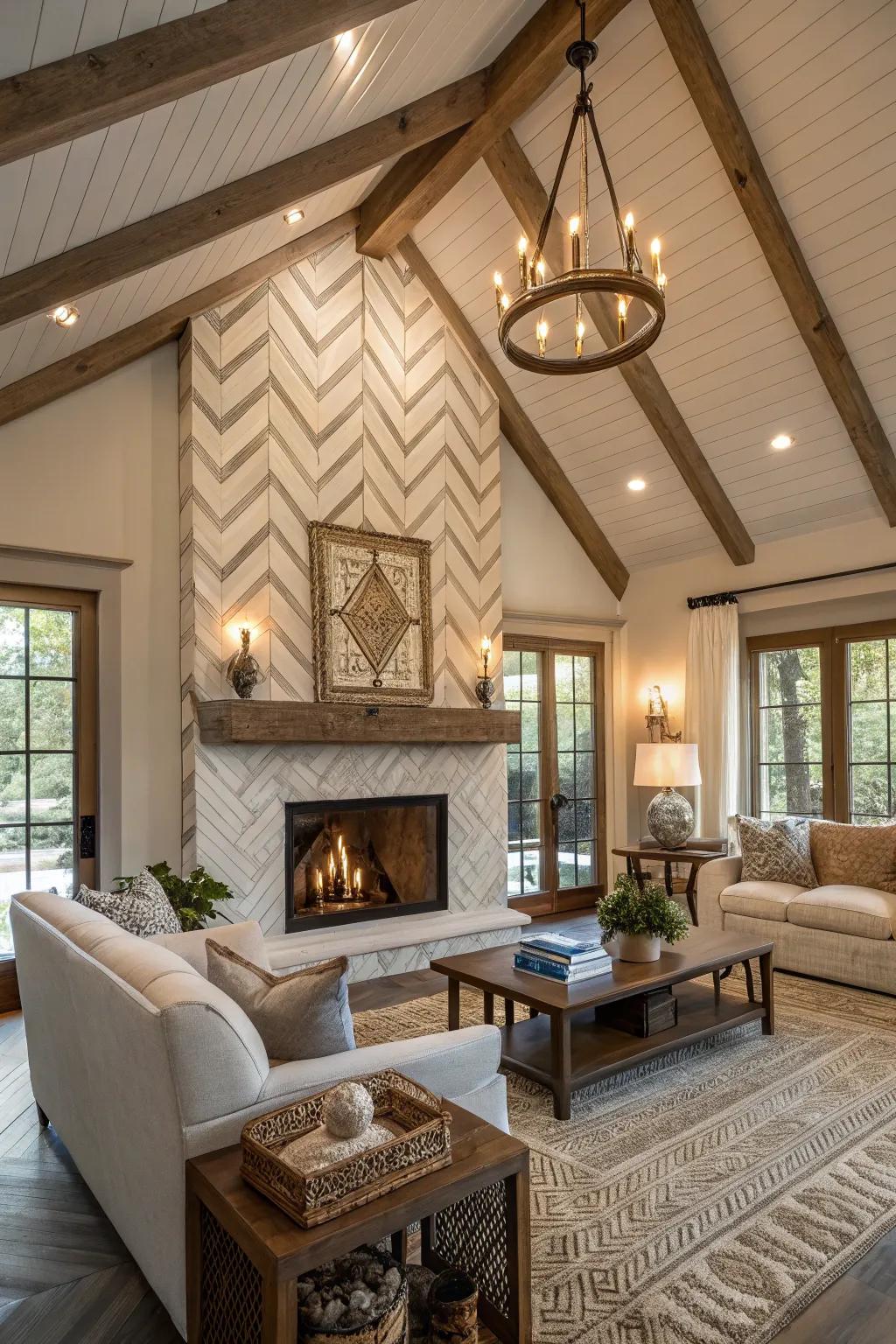 An angled brickwork-designed hearth adds elegance to a living area.