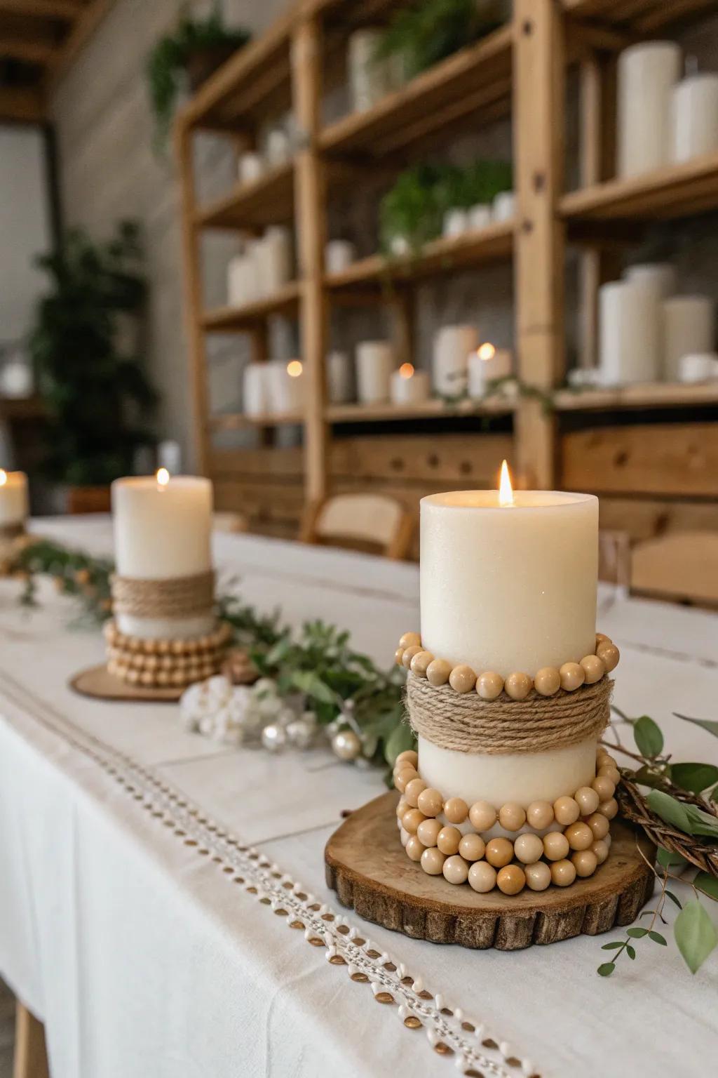Lights wrapped with bead strand, creating a warm ambiance.