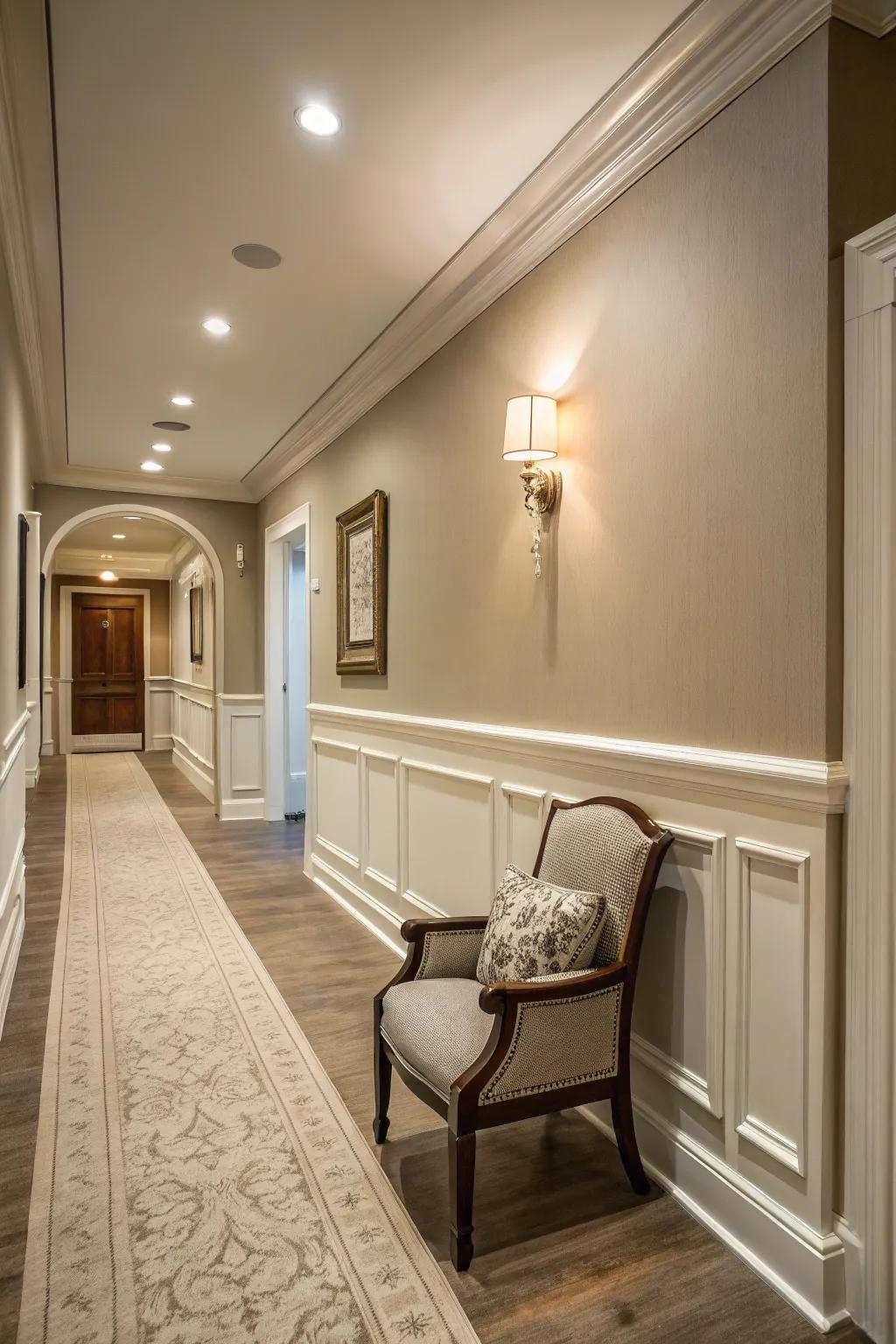 Stylish chair rail using simulated crown molding.