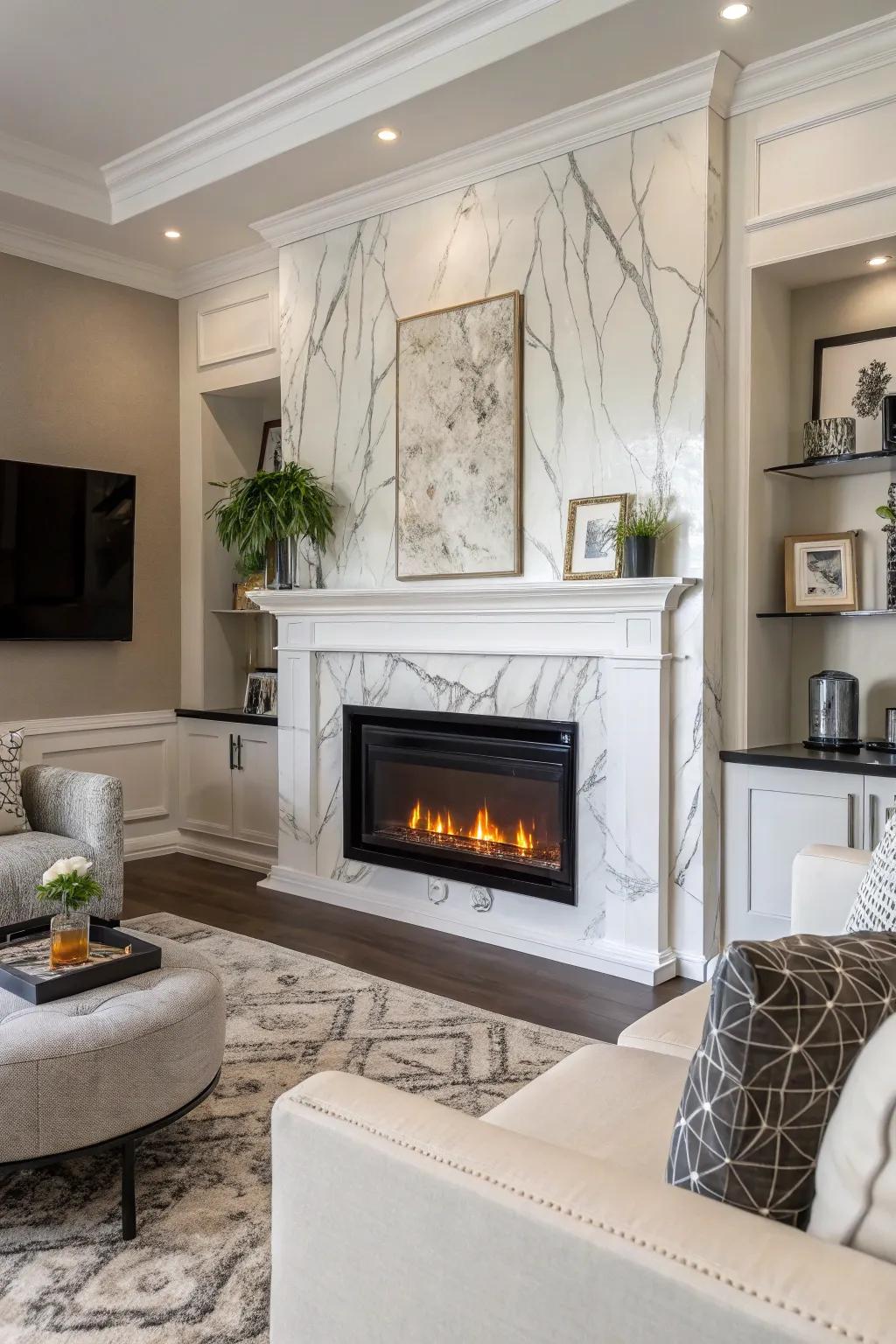 An imitation fireplace radiating elegance with a sophisticated stone finish.