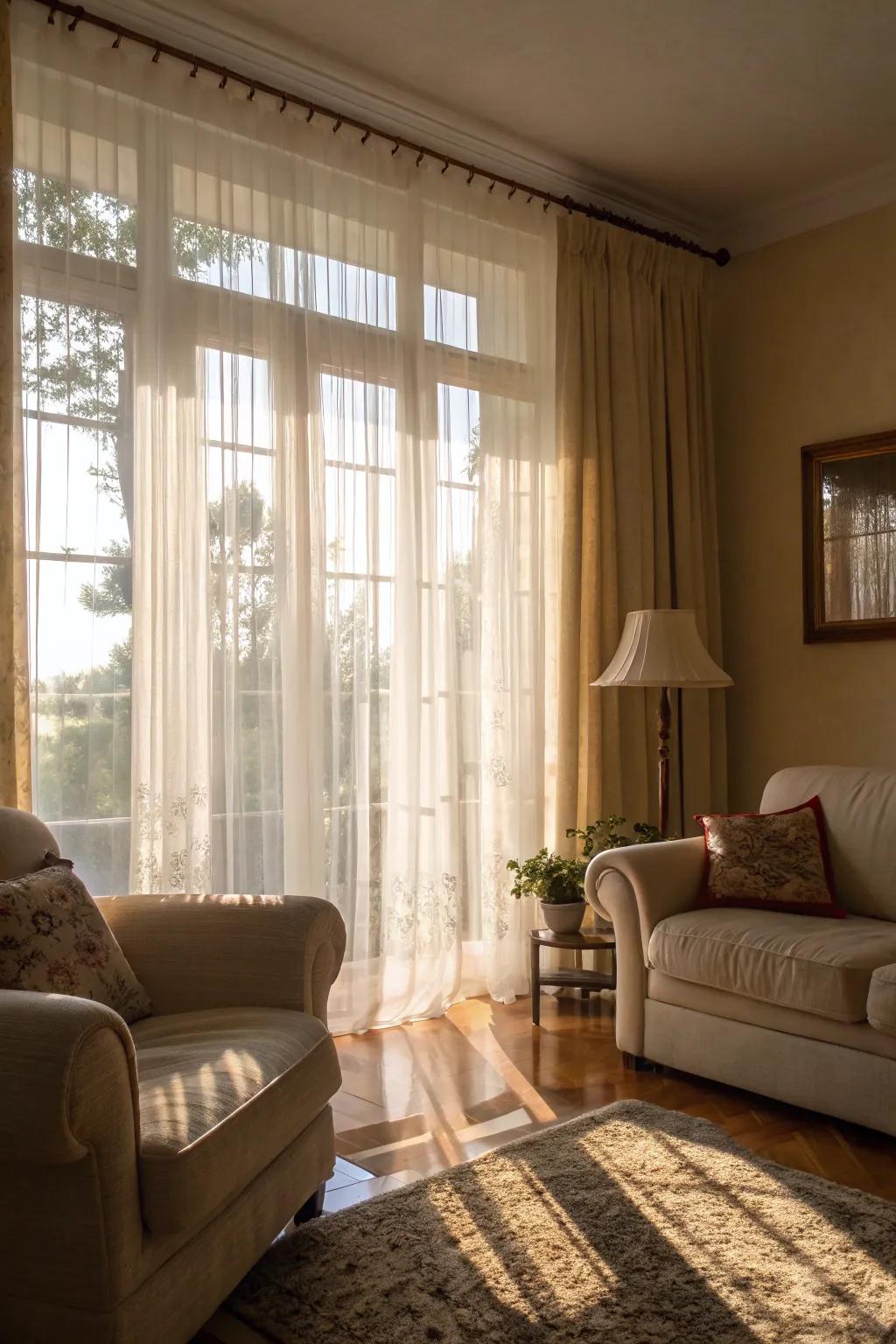 A living room brightened by gossamer window coverings and natural light.
