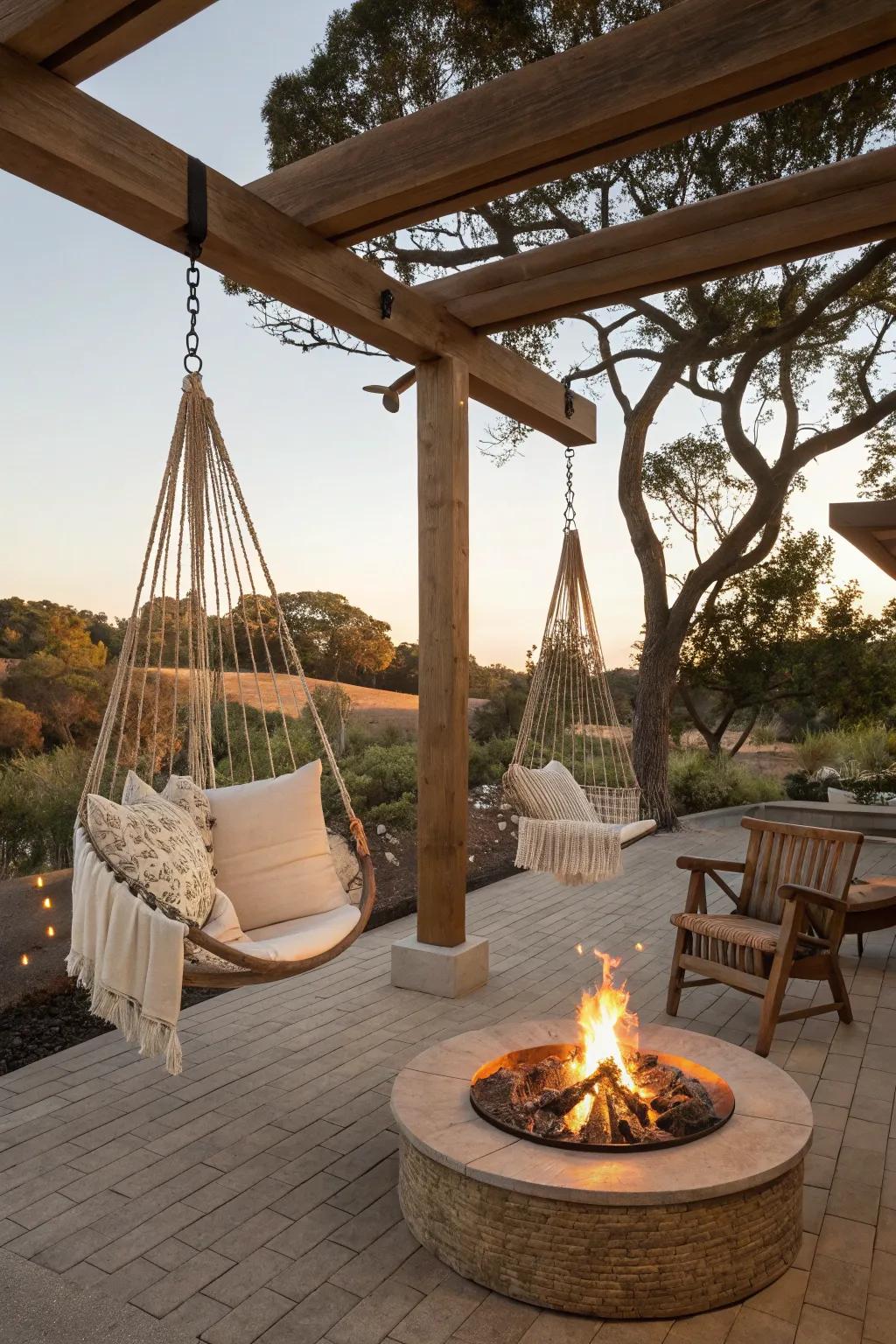 Hanging swing seats offer a playful, relaxing seating alternative.