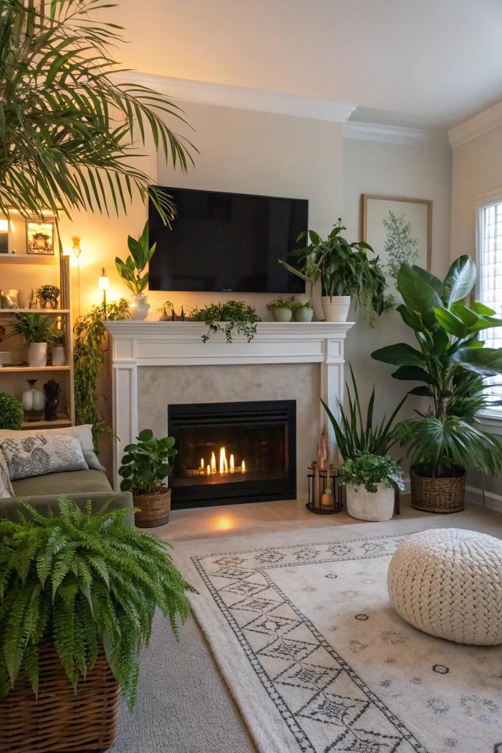 A family room with greenery surrounding a fireplace wall and a TV.