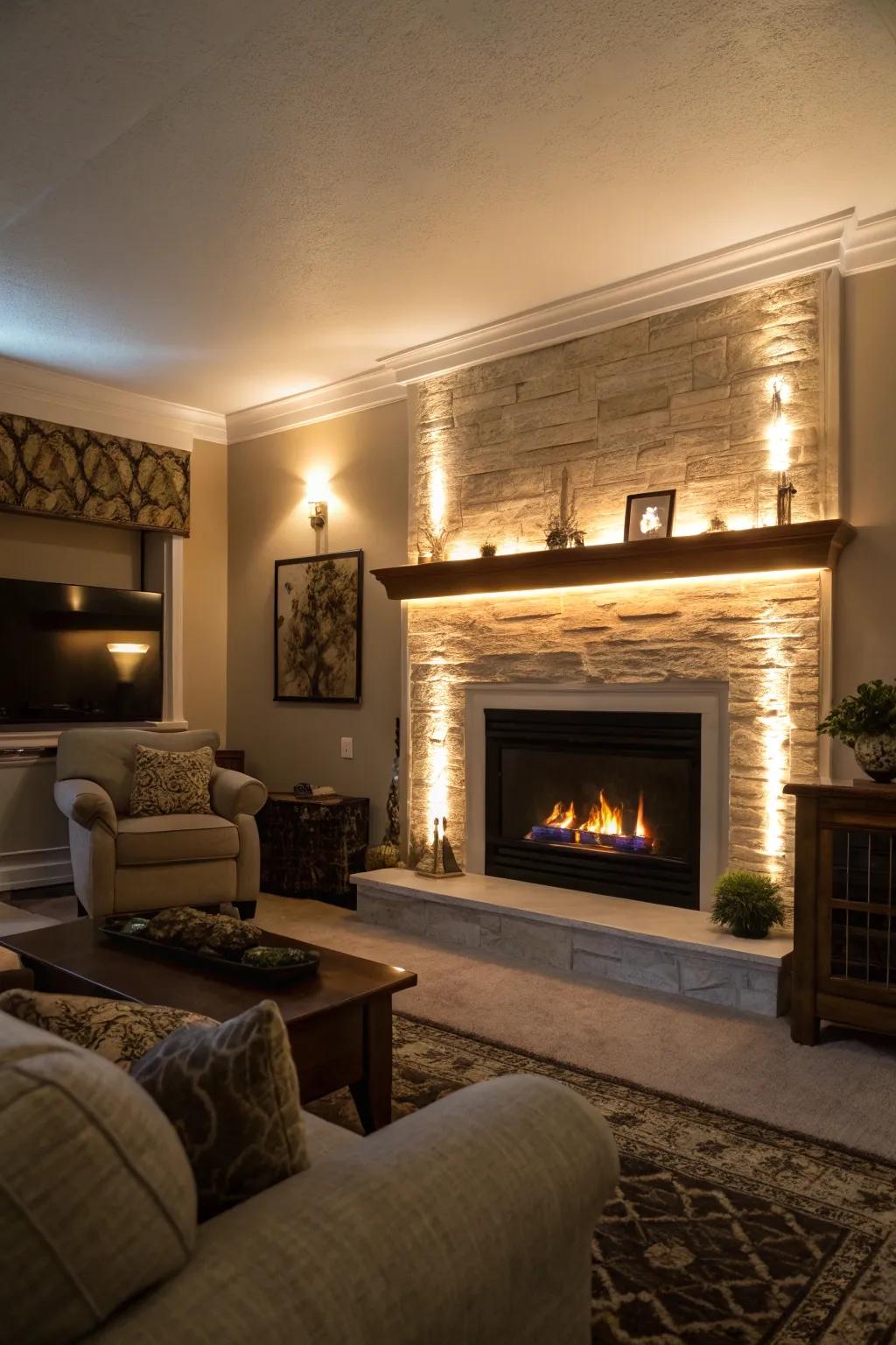 Dynamic LED illumination enhances the ambiance of this fireplace wall.