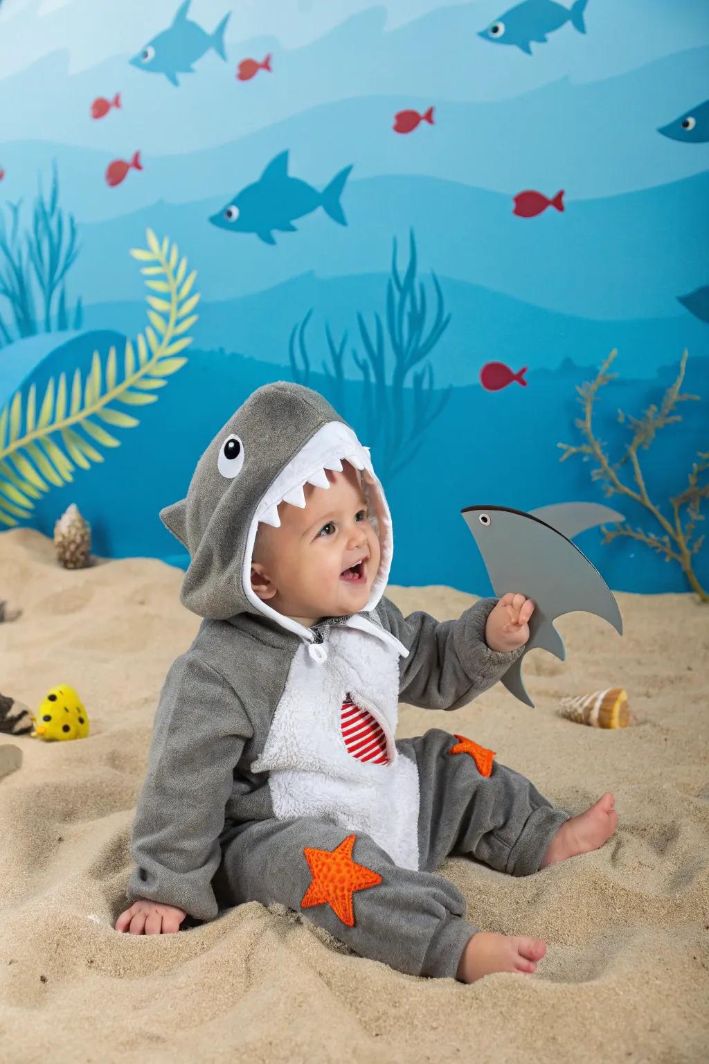 A playful baby shark costume for a splash of amusement.