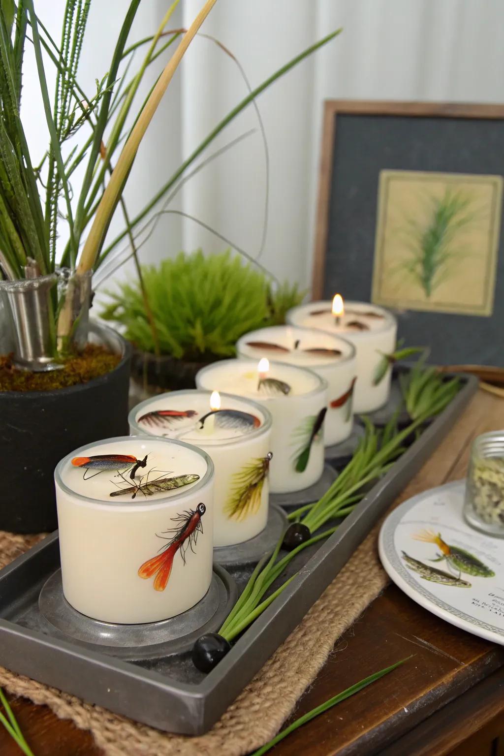 Angling baits in flame holders provide a distinctive twist.