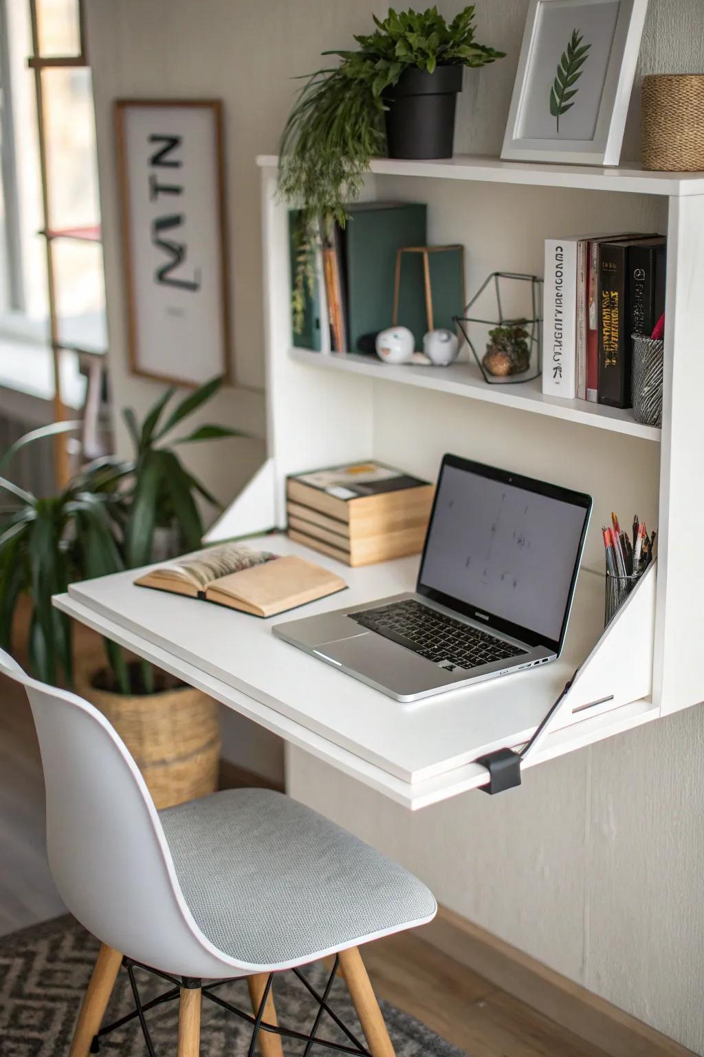 Hanging rack utilized as a compact work desk solution.