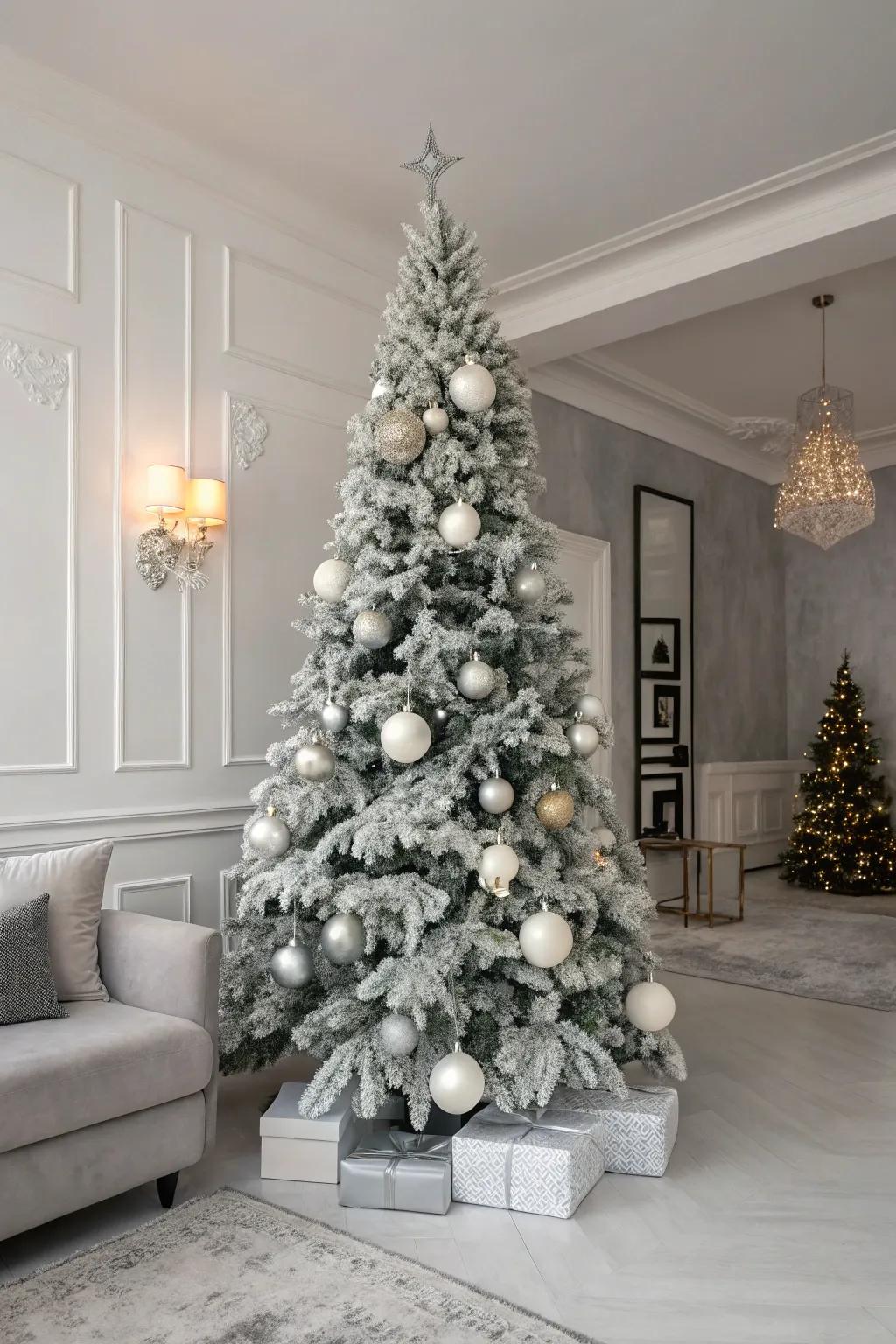 A contemporary monochrome-themed flocked Christmas tree.