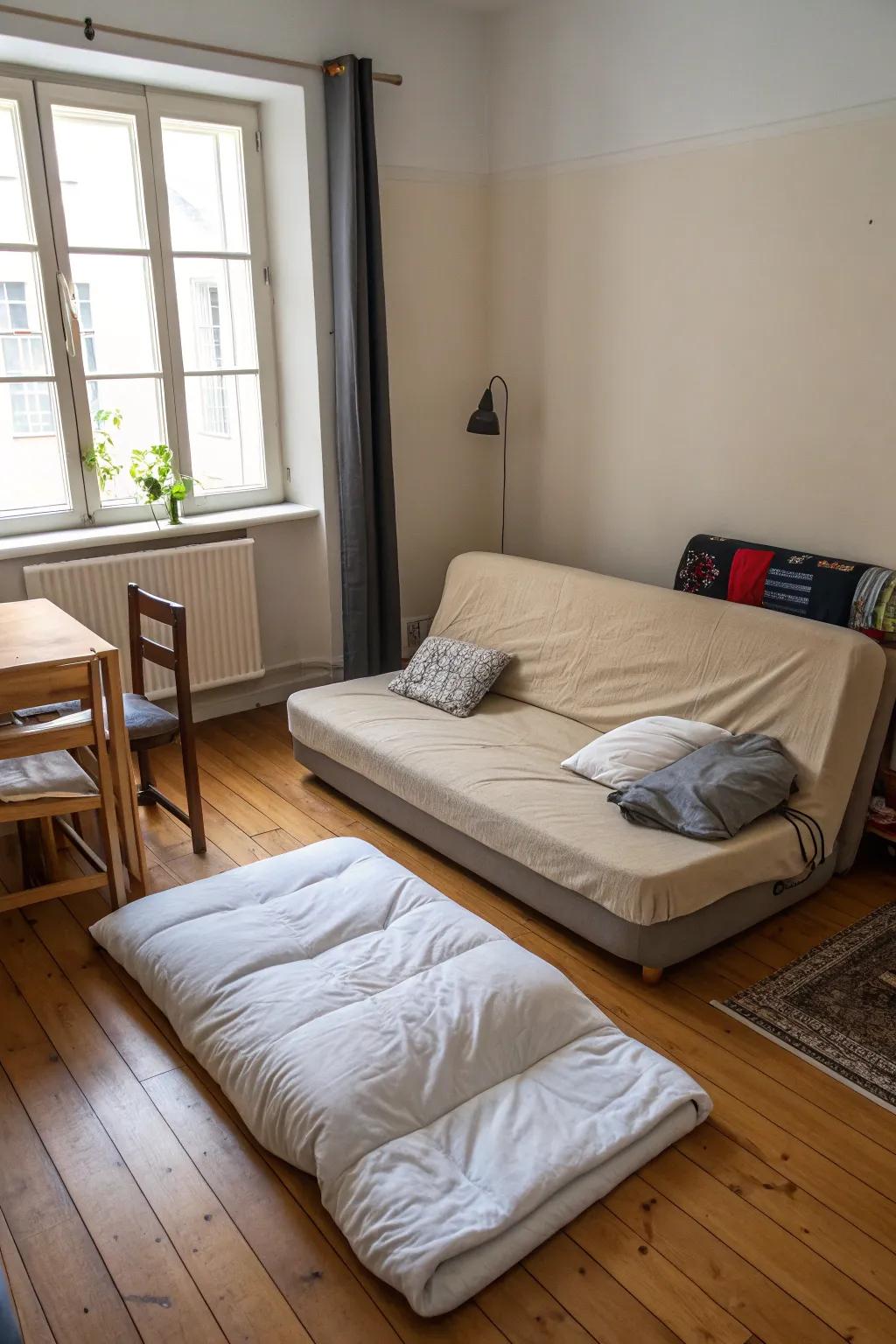 A futon offers flexible seating and sleeping solutions.