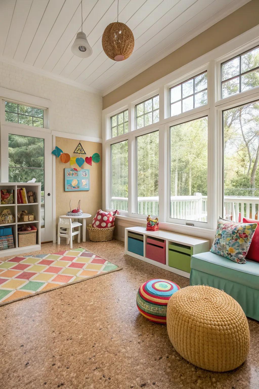 A family-friendly sunroom featuring cork flooring.