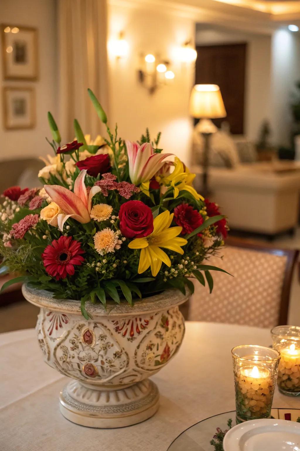 A floral centerpiece in a decorative planter on a table.