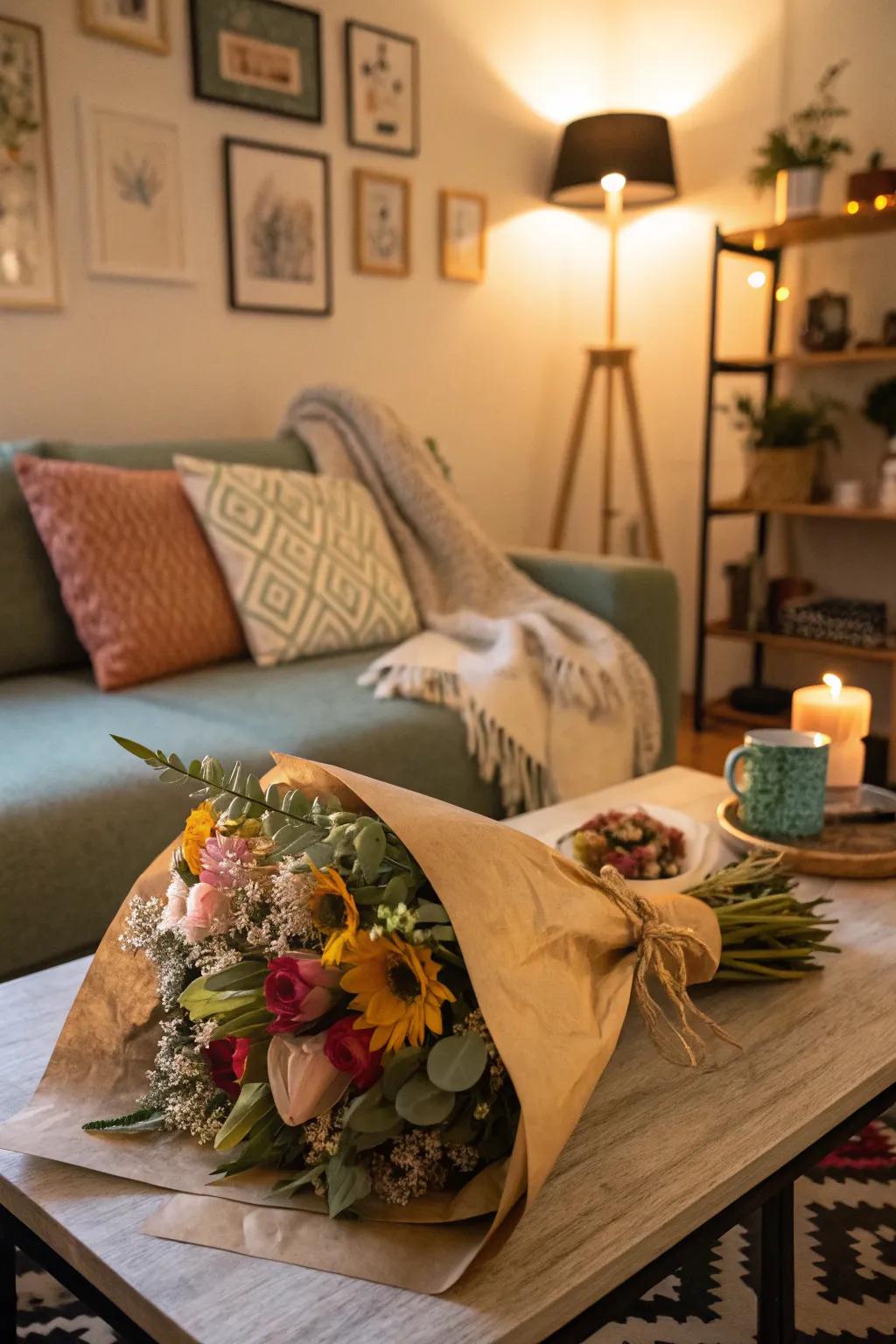 A casually wrapped blossom arrangement contributes artistic flair.