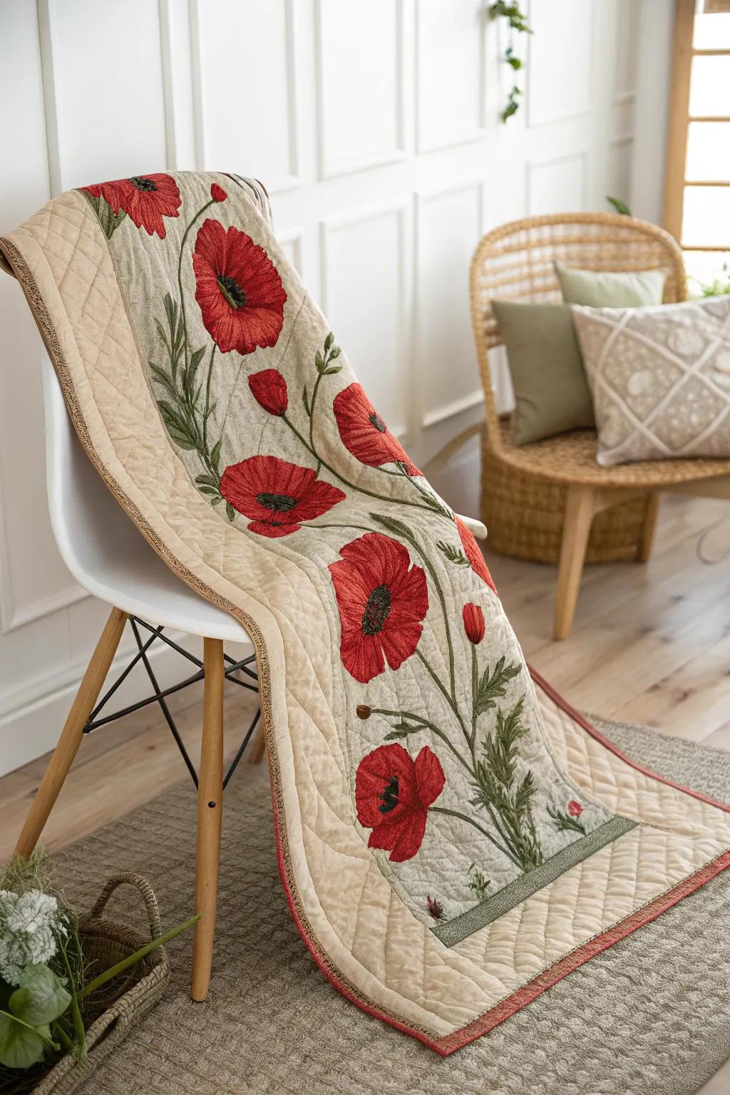 Embrace the artistry of nature with the Corn Poppy Fields Forever quilt – where bold beauty meets minimalist charm.