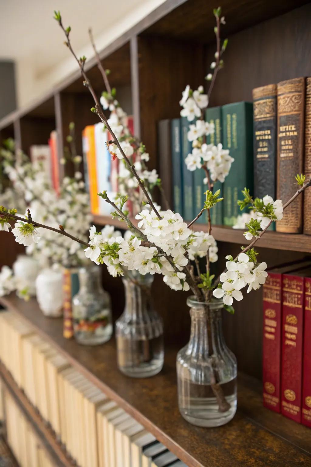 Ivory blossoms infusing vitality into a bookshelf.