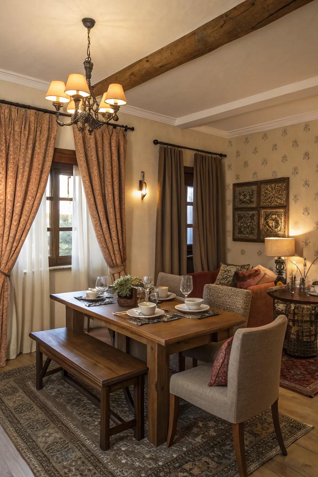 Earth-toned curtains create a cozy and inviting dining atmosphere.