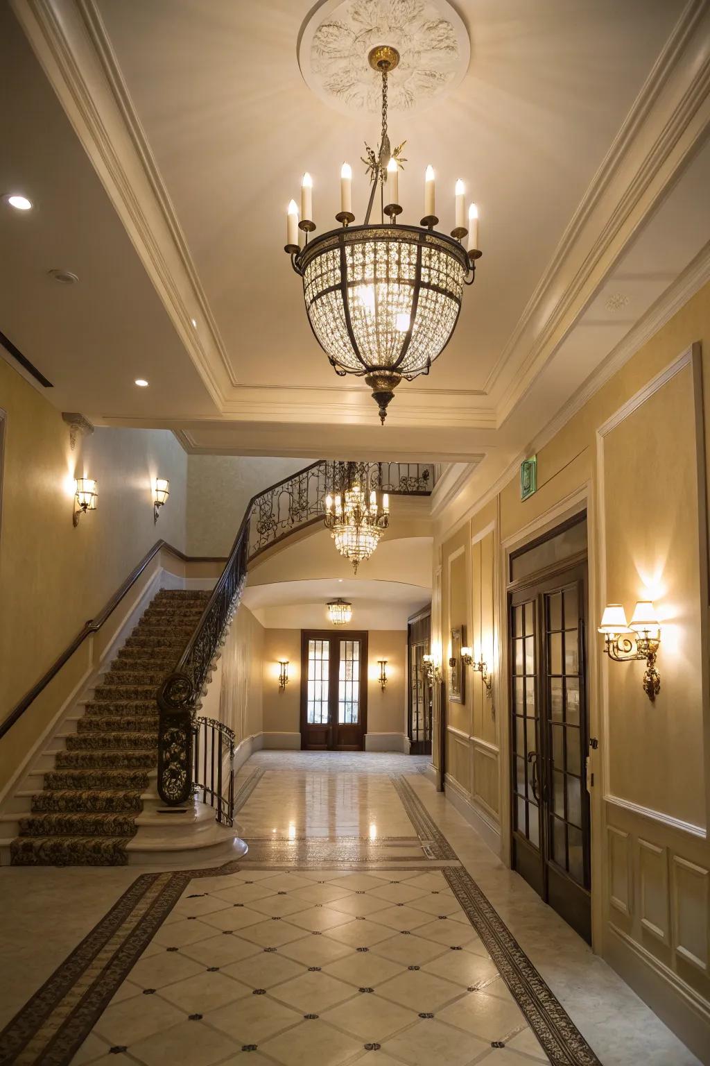 Layered illumination with harmonizing fixtures enhances this foyer's warmth.