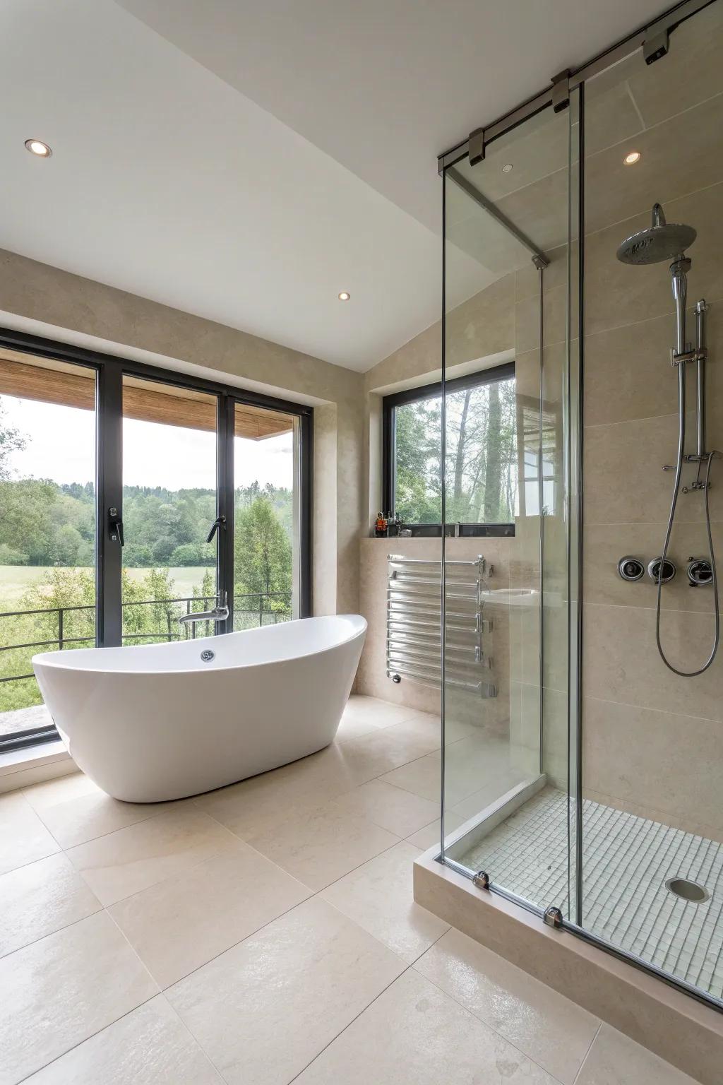 A sleek wet room featuring a freestanding tub and integrated shower.