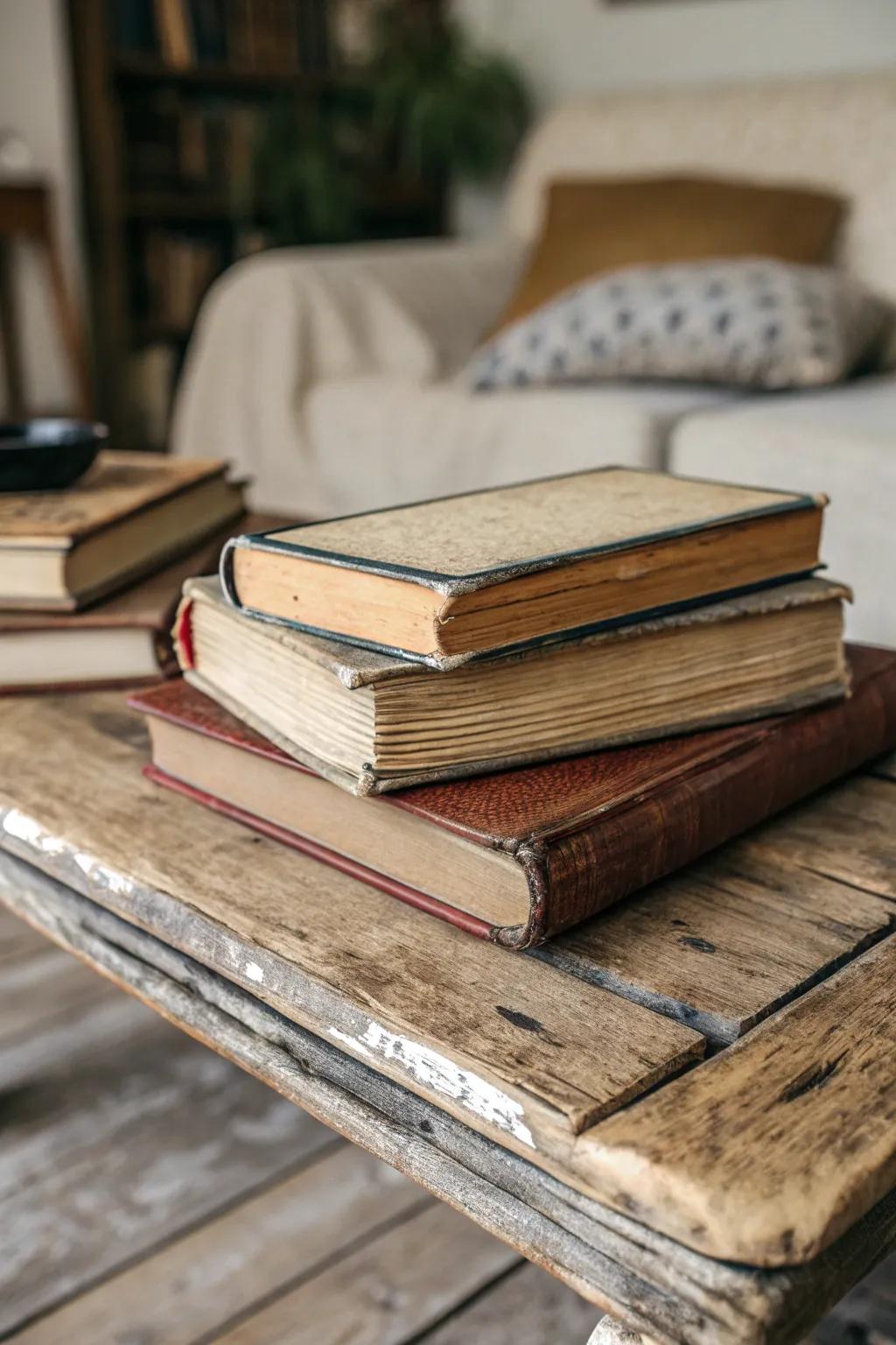 A stack of vintage books adding a sense of history to the decor.