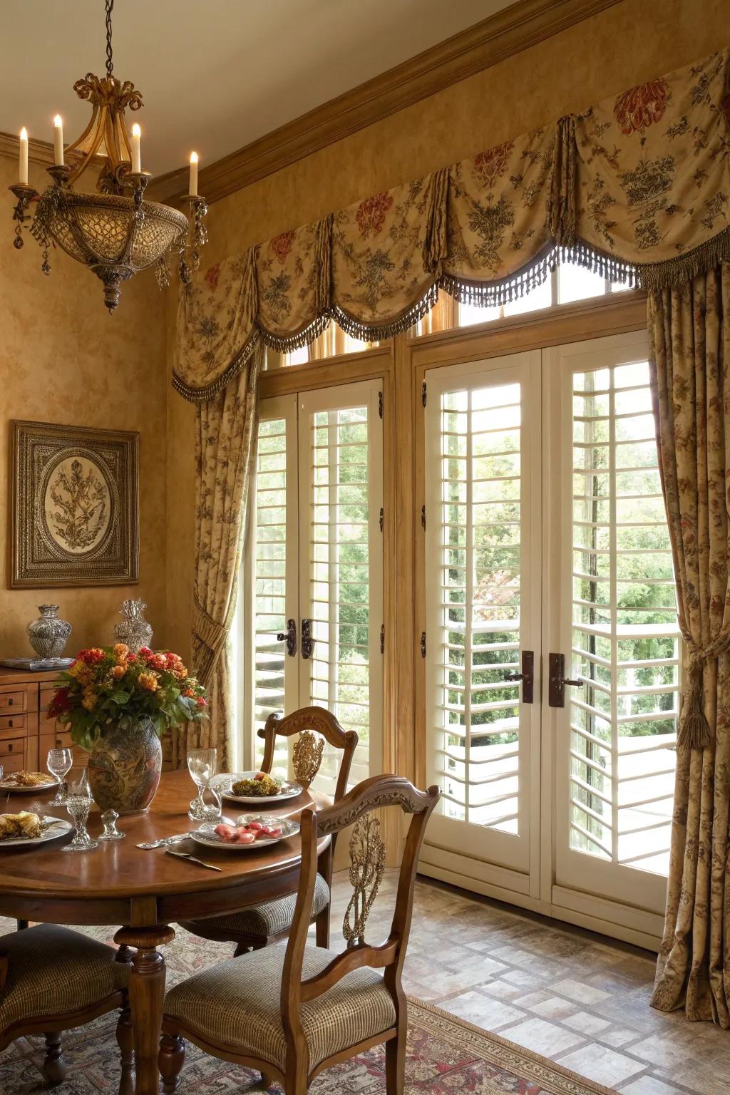 Ornate window treatments and shutters add charm and functionality to windows.