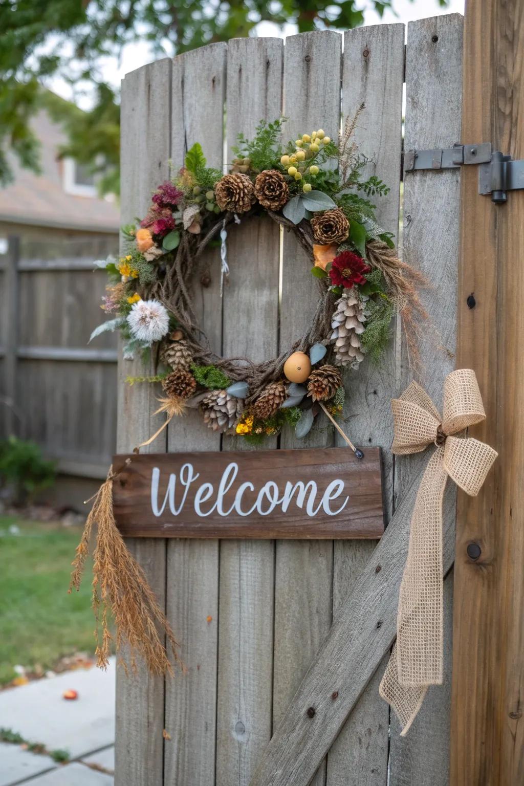 A farmhouse welcome wreath, wrapping your entrance in warm, rustic charm.