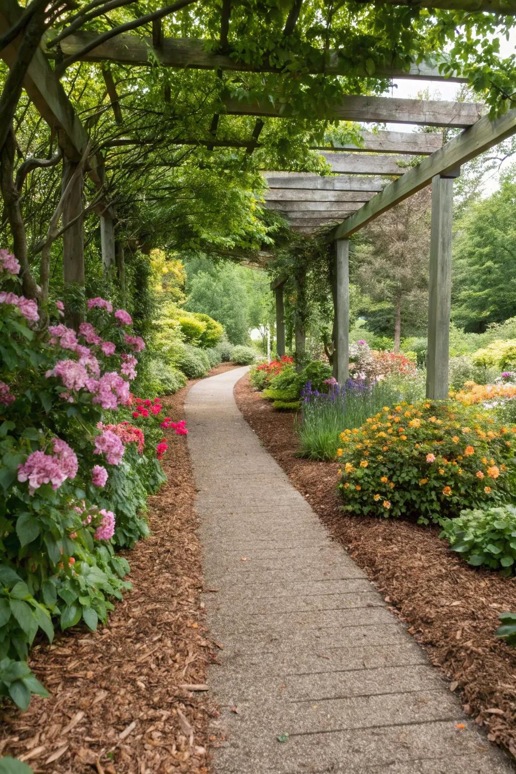Mulched paths offer a soft, natural feel to entrances.