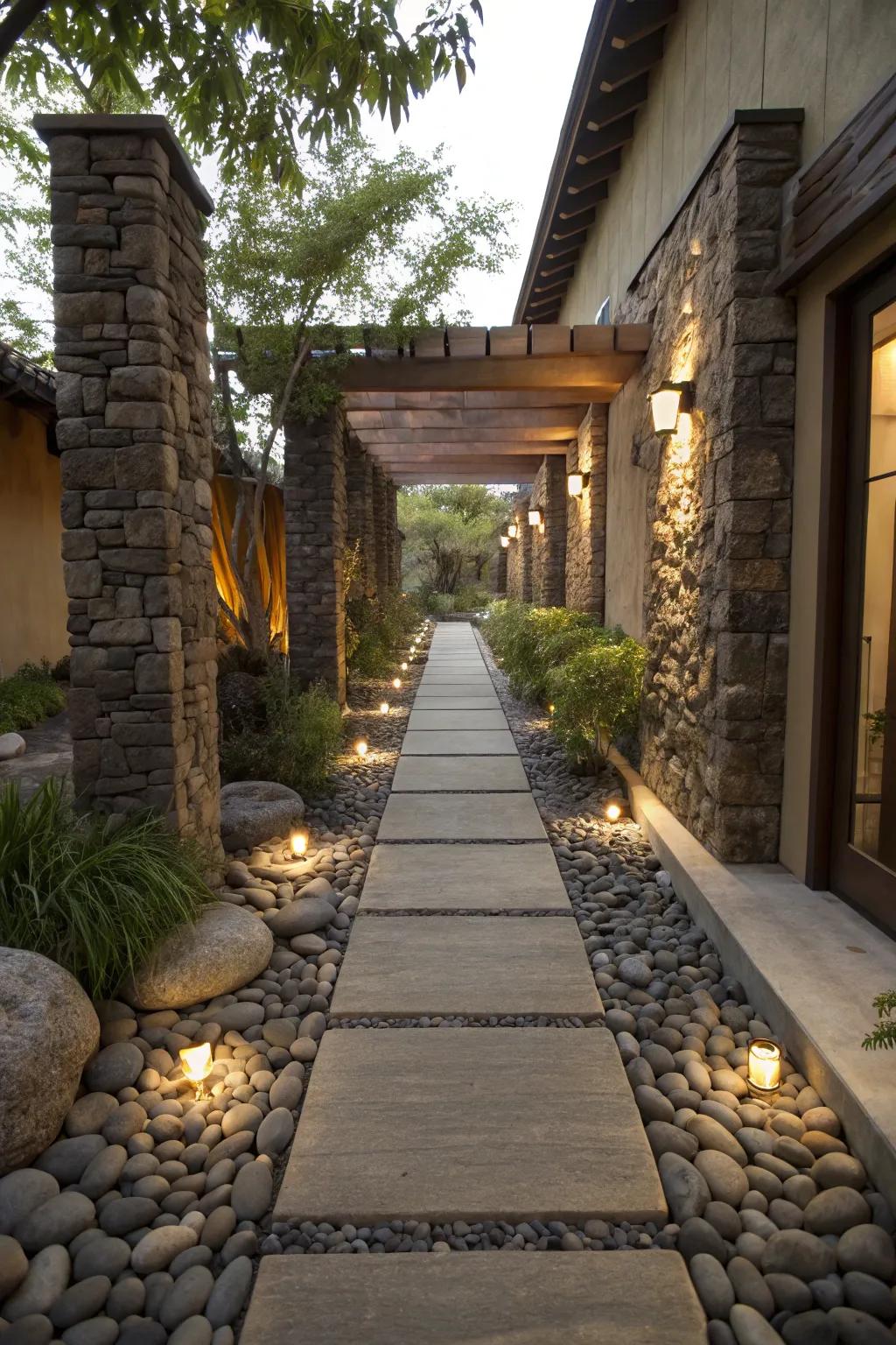 A distinctive walkway highlighted by rock accents and thresholds.