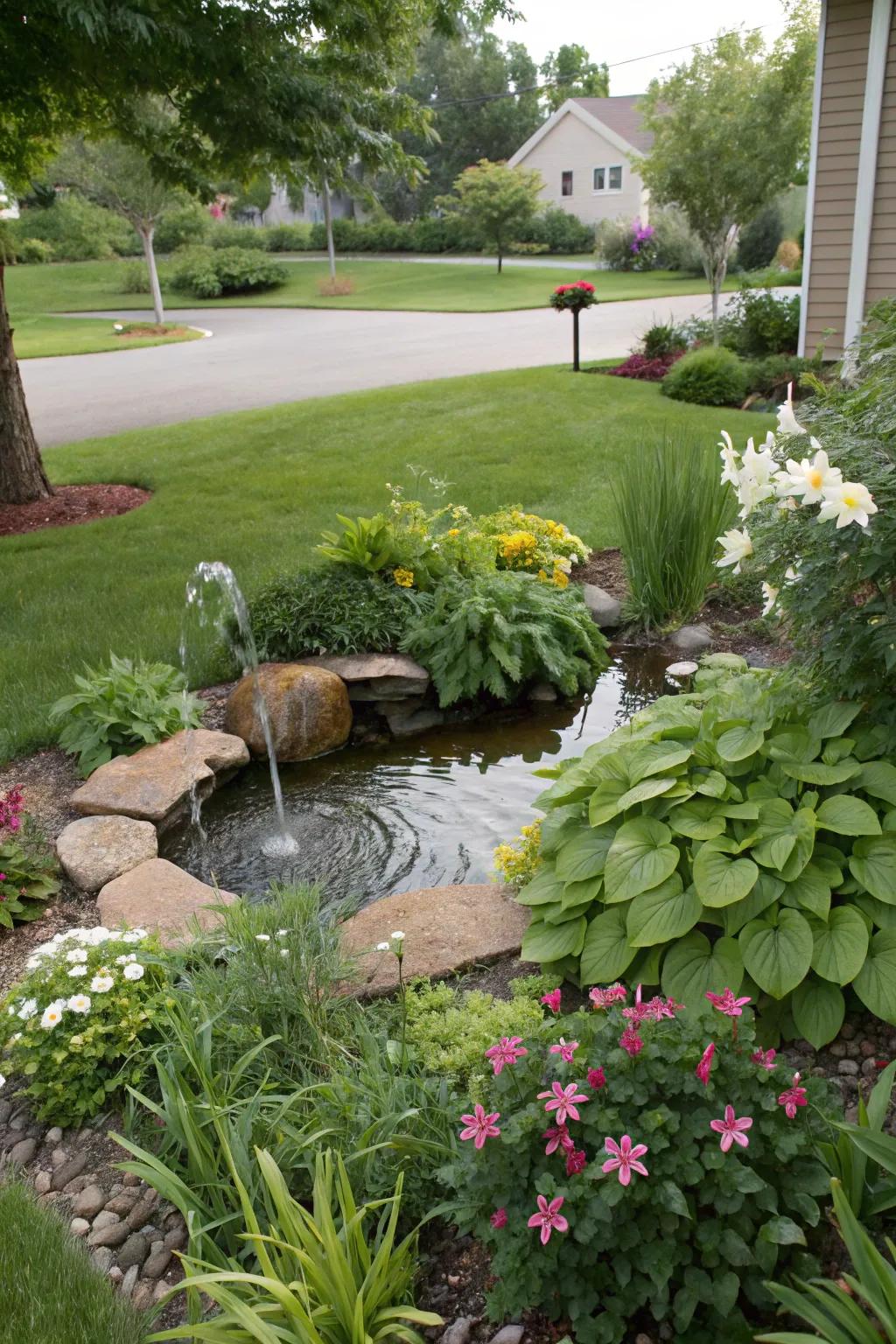 A water feature imparts serenity to the garden