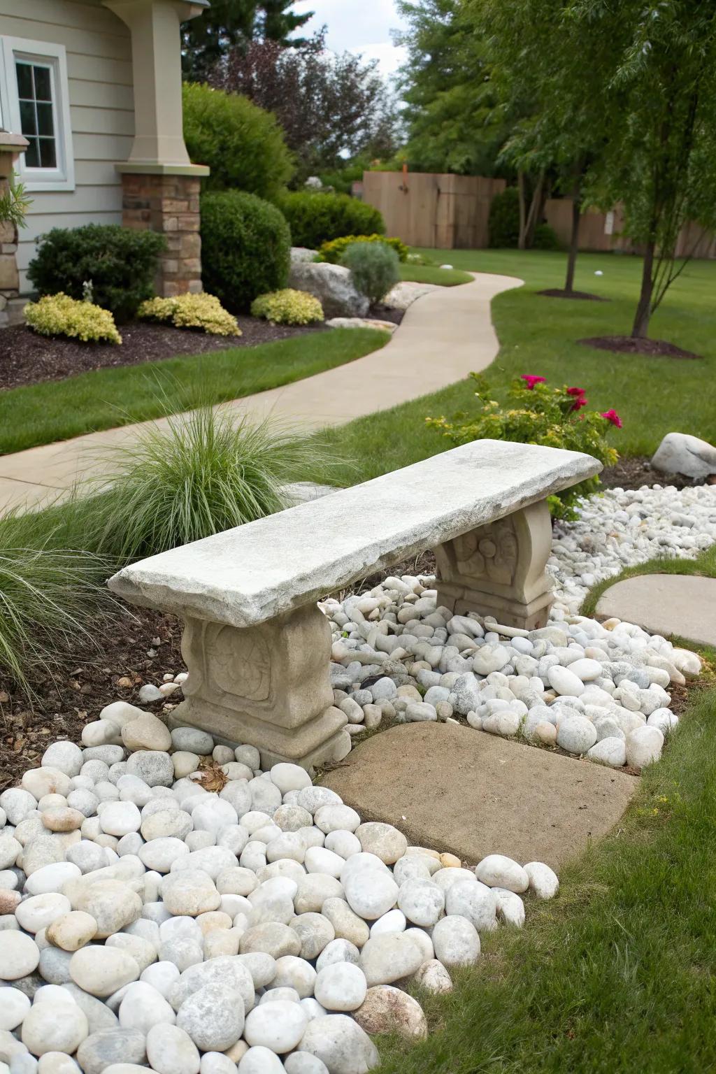 Relax on a natural stone bench amidst ivory stones.