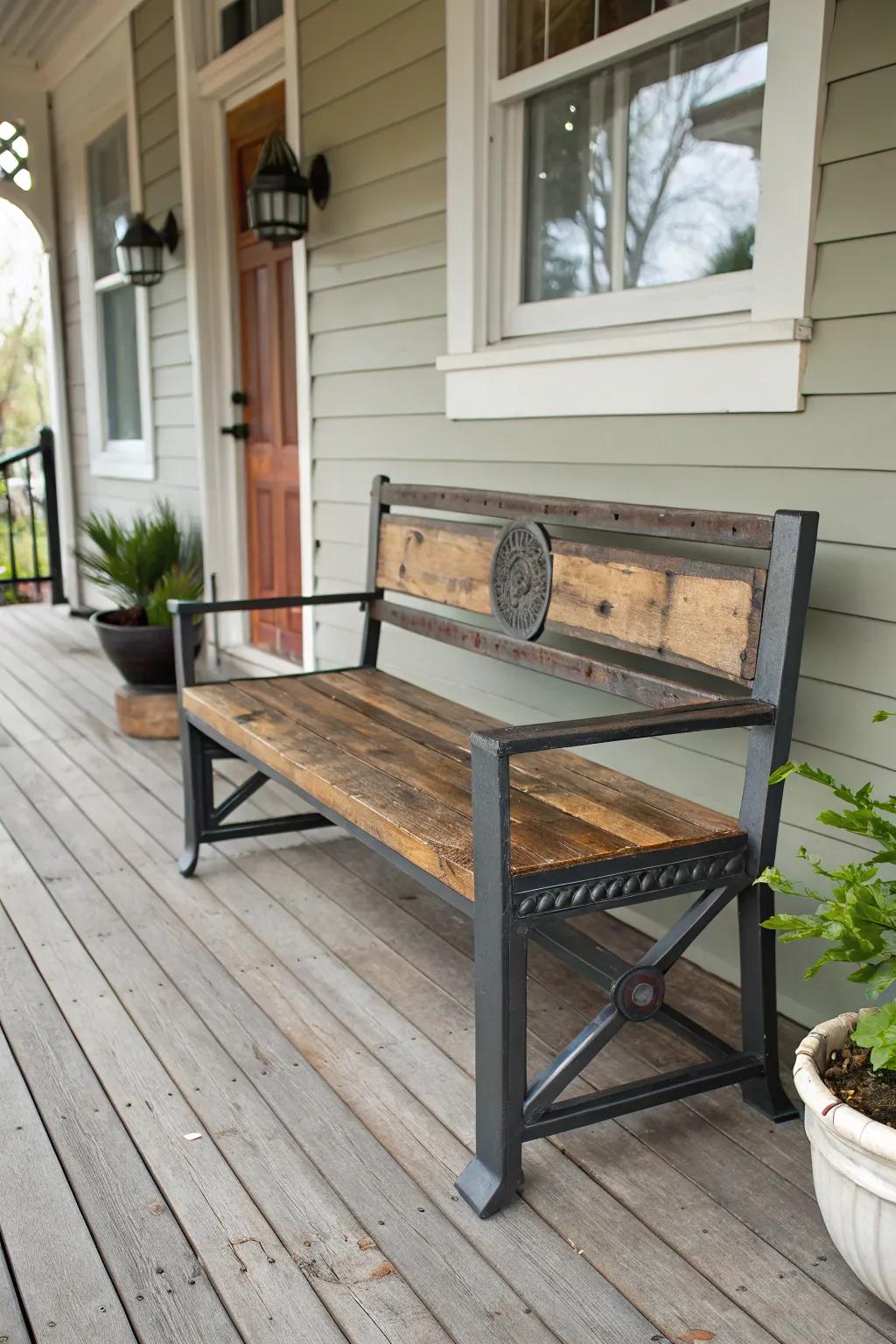 A factory chic bench unites metal and wood for a modern look.