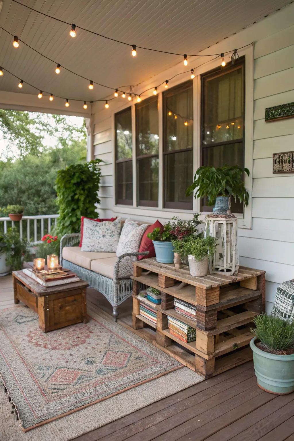 An upcycled skid table infuses country-style charisma into your porch.