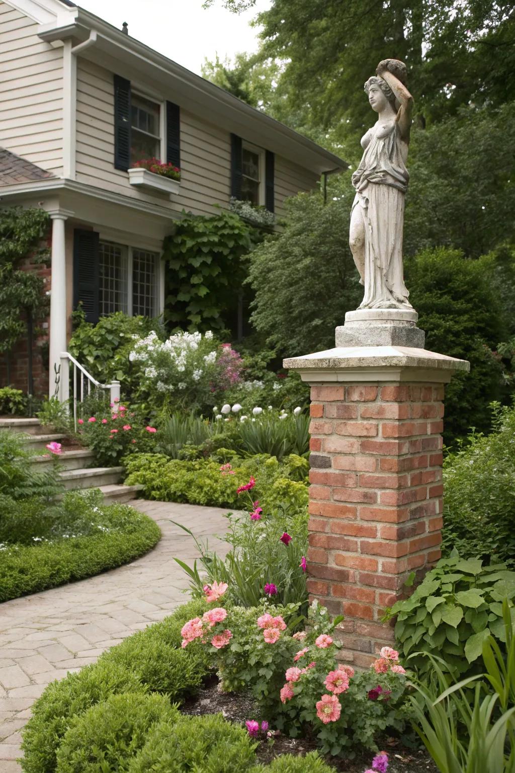 A brick display stand displays garden features splendidly.